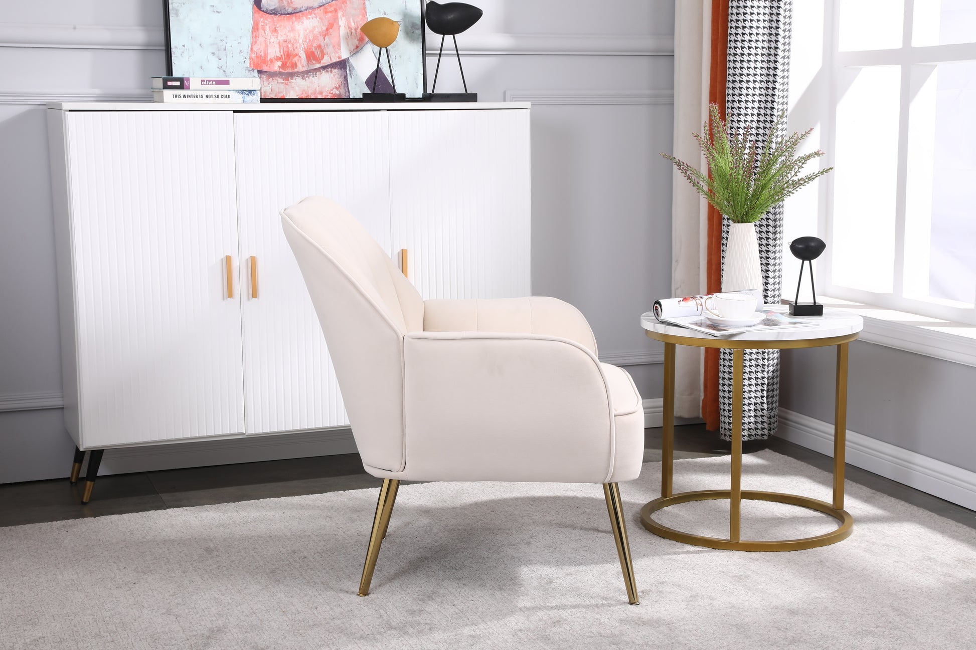 Modern Mid Century Chair velvet  Sherpa Armchair for Living Room Bedroom Office Easy Assemble(BEIGE) - Abrihome