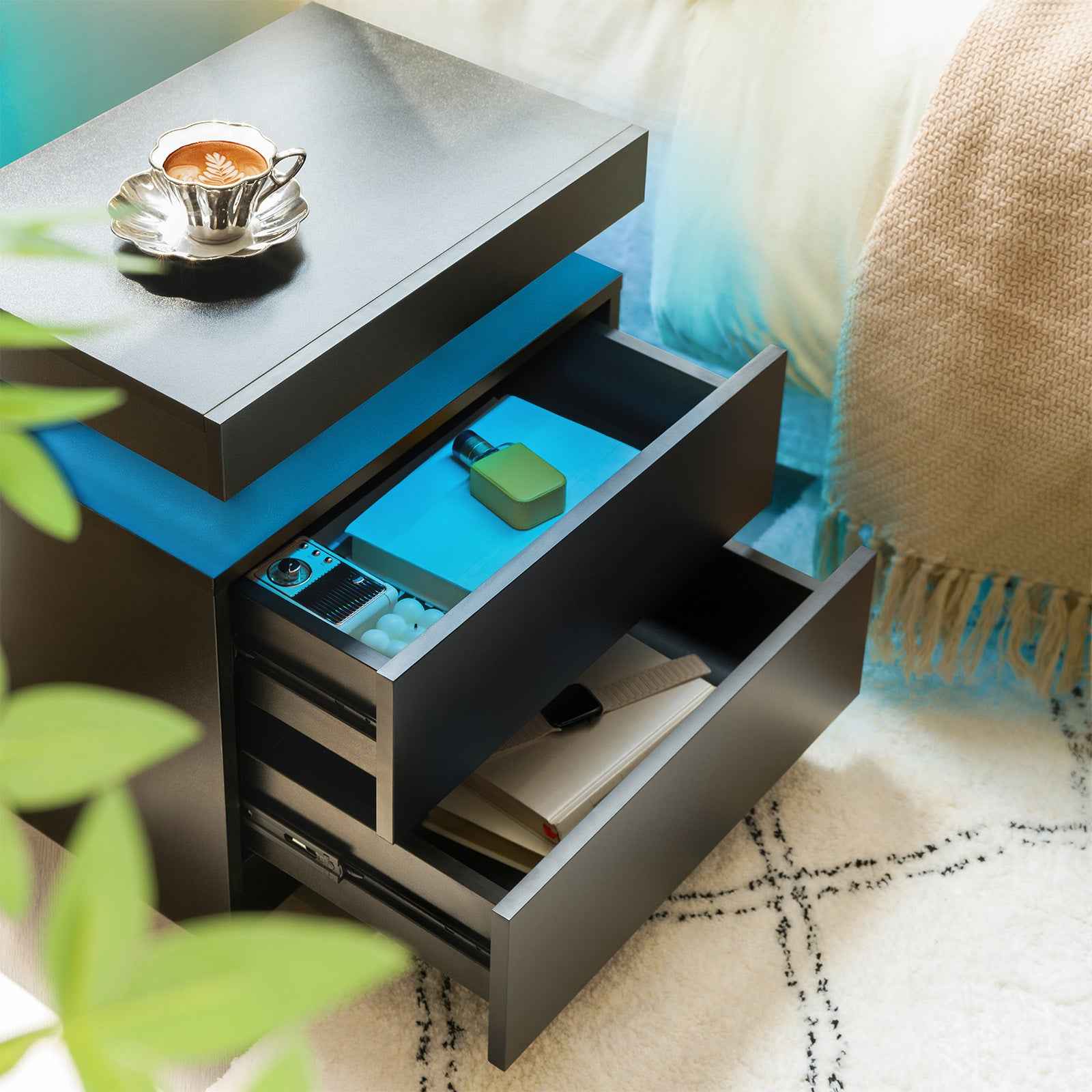 LED Nightstands Set of 2, Bedside Table Cabinet Lights Modern End Side with 2 Drawers for Bedroom (Black)