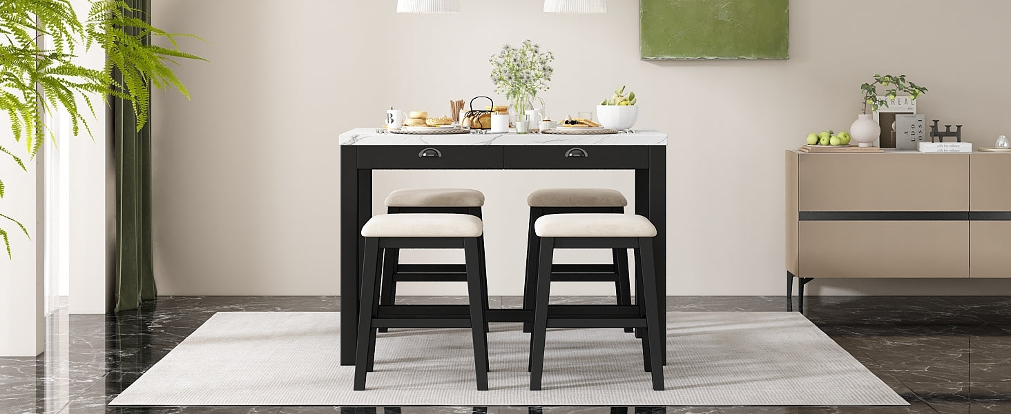 TREXM 3-Piece Modern Faux Marble Versatile Bar Table Set with Storage Drawers and Padded Stools, Ideal for Space-Saving Dining Nooks or Small Kitchens (Black)