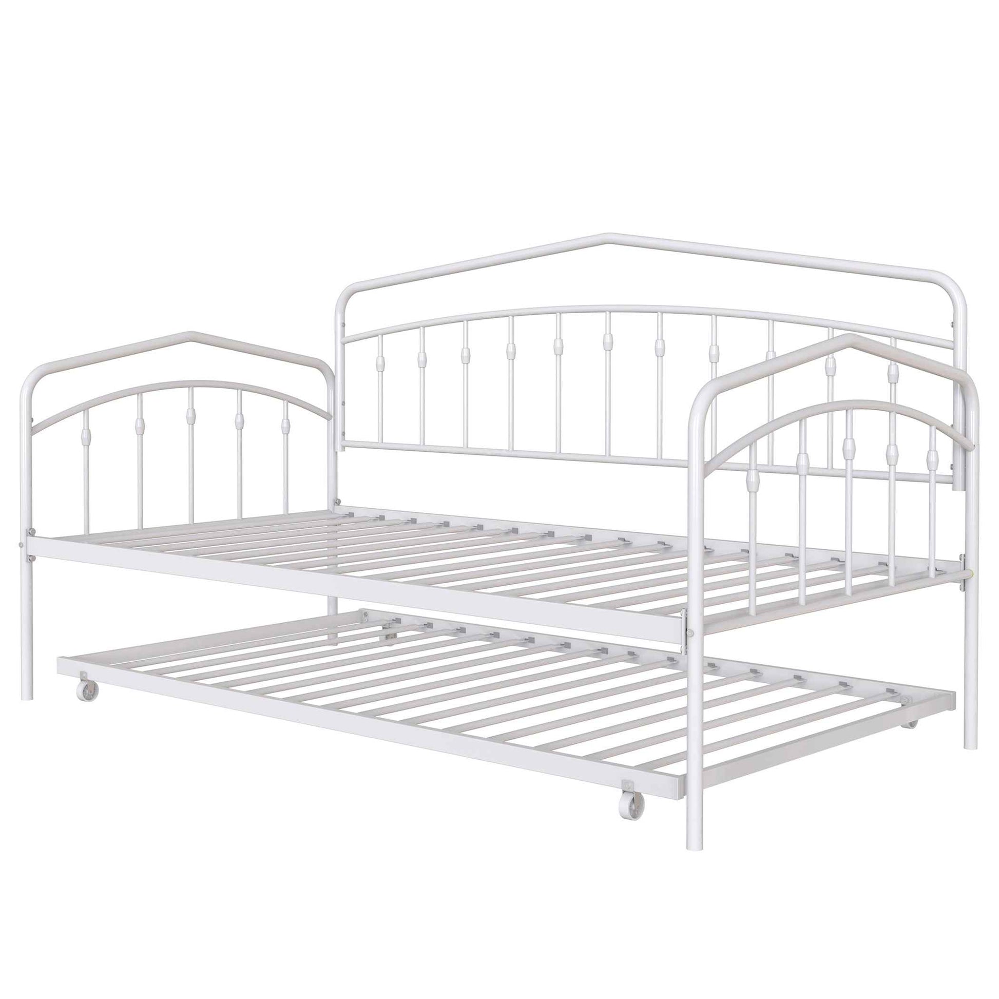 Fox Twin Metal Daybed with Trundle Bed Frame Set, Easy Assembly, Space Saving, Heavy Duty Metal Slat Support, Sofa Bed for Living Room, Bedroom, Guest Room, Kids Room, White