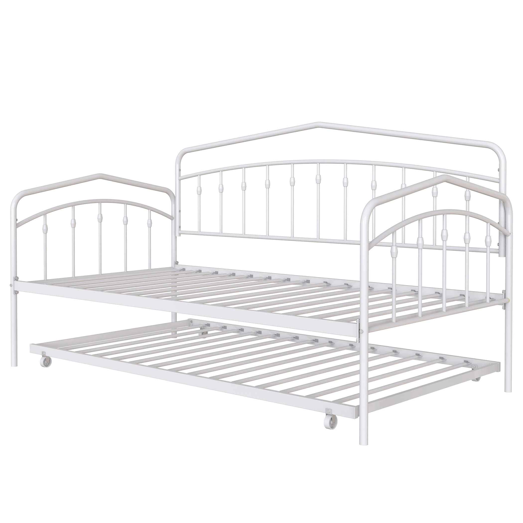 Fox Twin Metal Daybed with Trundle Bed Frame Set, Easy Assembly, Space Saving, Heavy Duty Metal Slat Support, Sofa Bed for Living Room, Bedroom, Guest Room, Kids Room, White