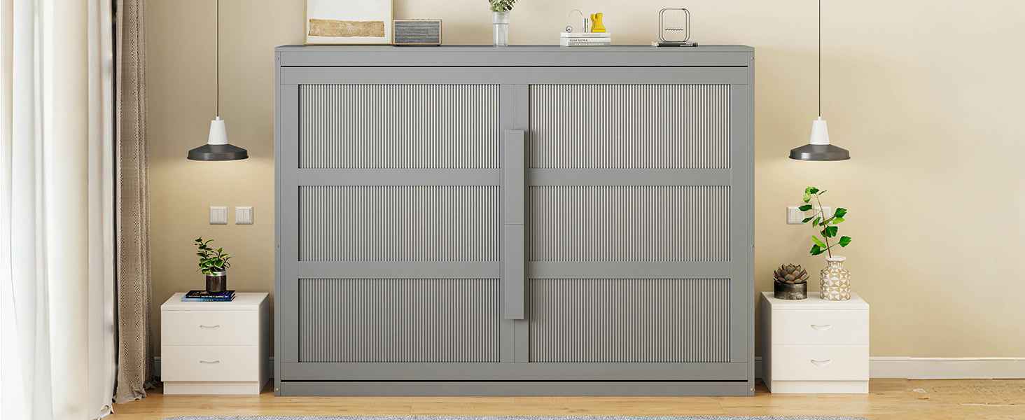 Queen Size Murphy Bed Wall Bed Modern design with LED Lights,Gray