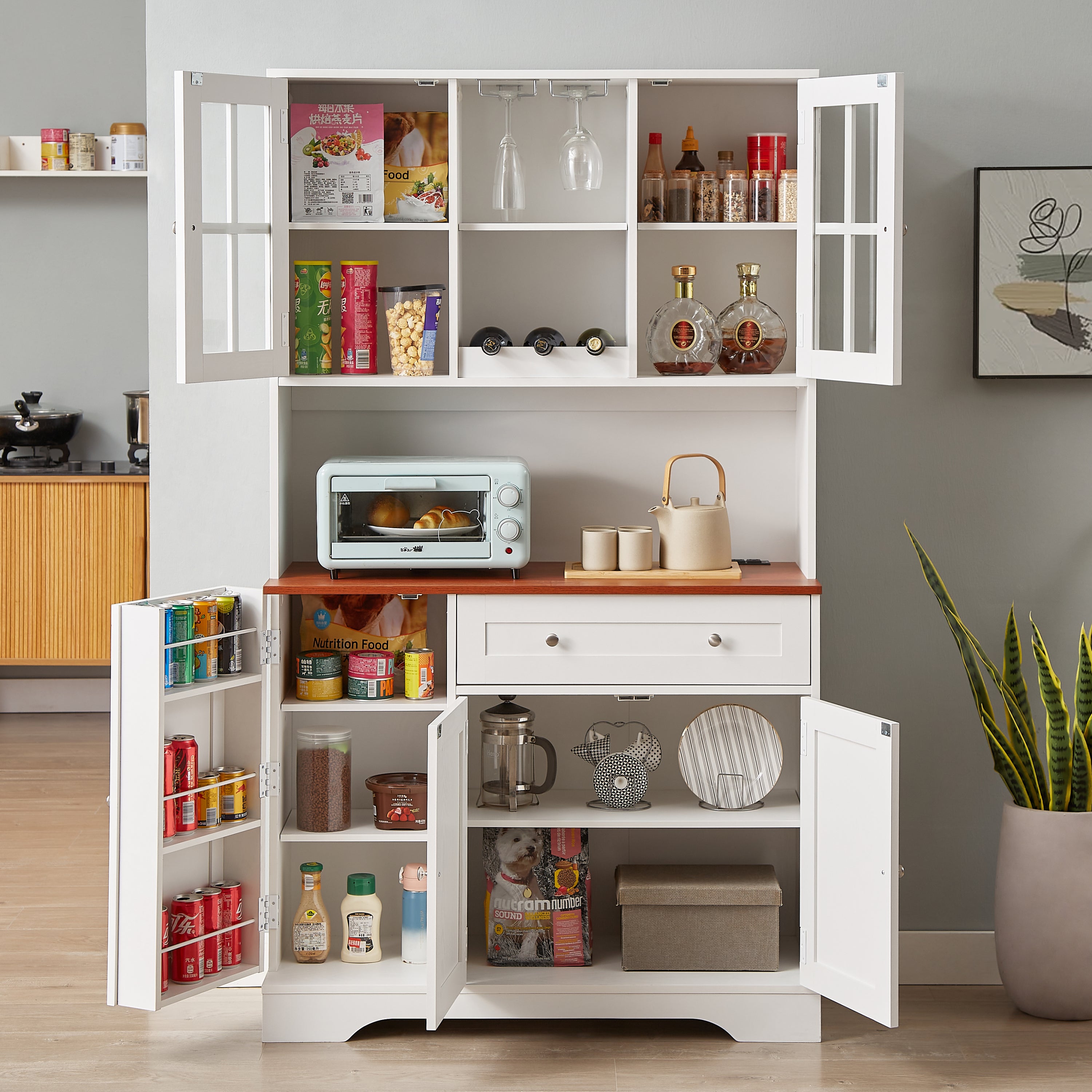 Kitchen Pantry Storage Cabinet, Modern Buffet Cabinet with Hutch, Tall Kitchen Hutch Cabinet with Microwave Stand, Food Pantry Cabinet for Dining Room, White, 39''w x 15.7''d x 68''h.