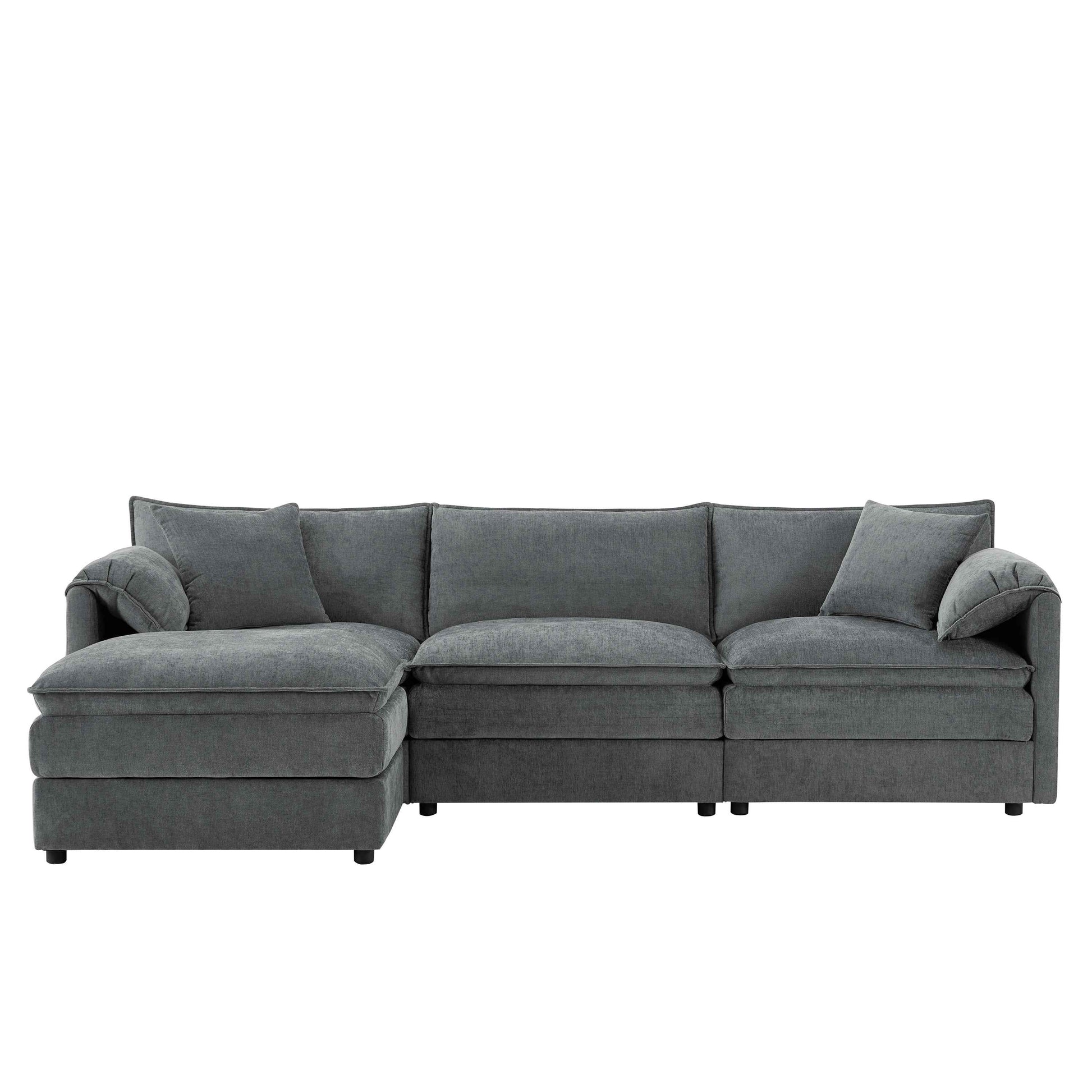 Chenille Modular Sectional Sofa with Deep and Wide Seat in Dark Gray, L Shaped Cloud Couch Set with Double Cushions, 4 Seat Sofa with Movable Ottoman