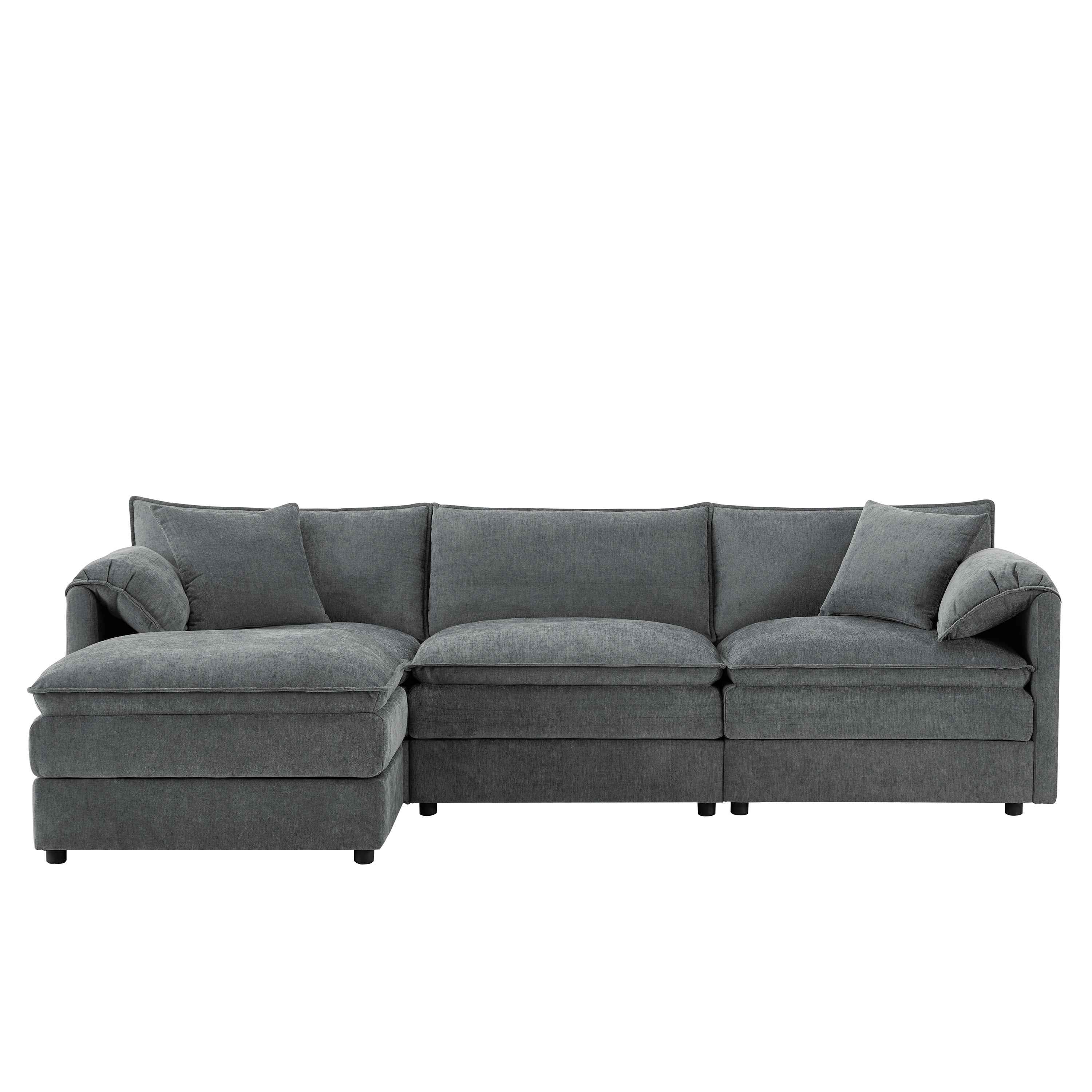 Chenille Modular Sectional Sofa with Deep and Wide Seat in Dark Gray, L Shaped Cloud Couch Set with Double Cushions, 4 Seat Sofa with Movable Ottoman