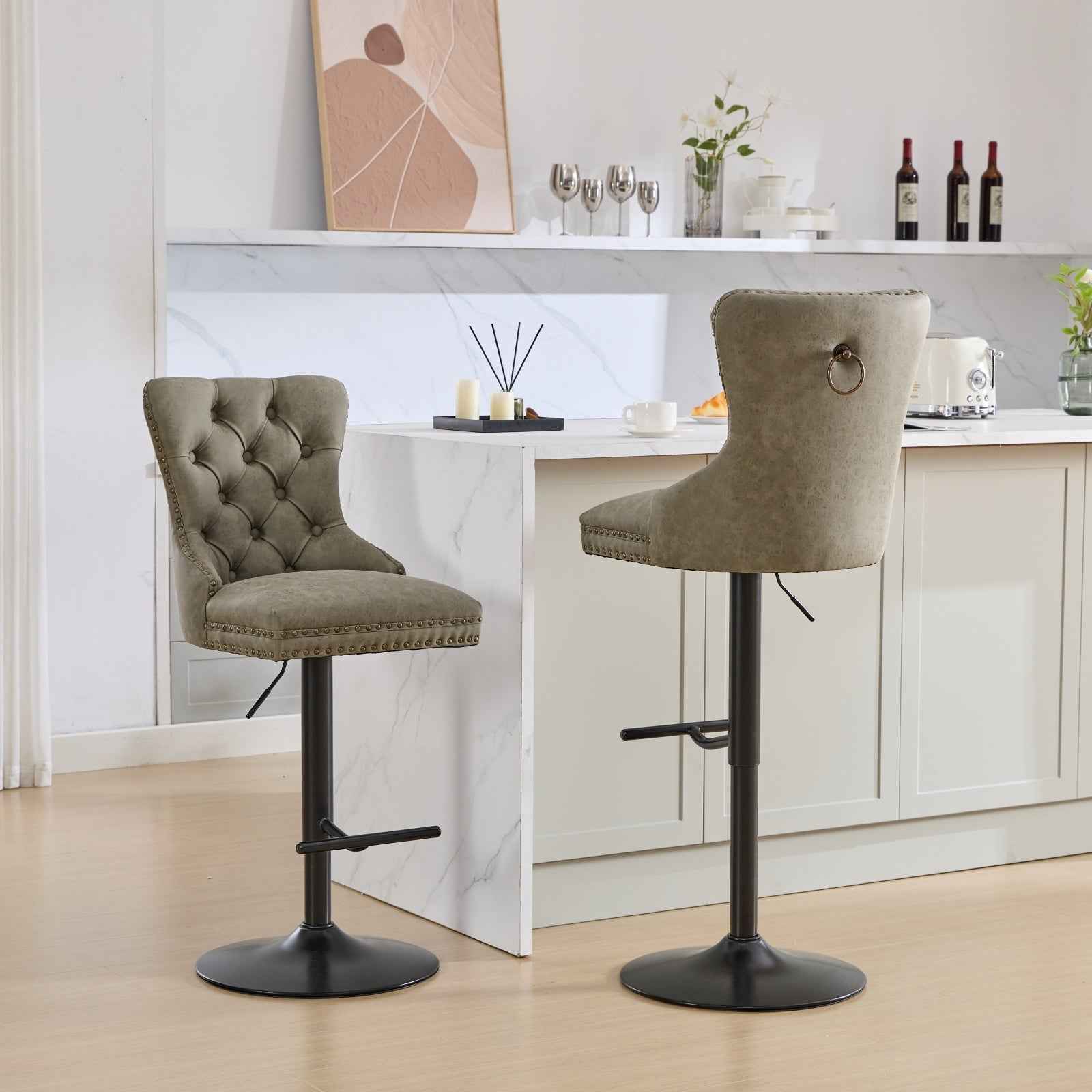 A&A Furniture,Aged and Retro PU Swivel Barstools Adjusatble Seat Height from 26-33 Inch, Modern Bar Stools with Backs Comfortable Tufted for Home Pub and Kitchen Island (Olive Green,Set of 2)