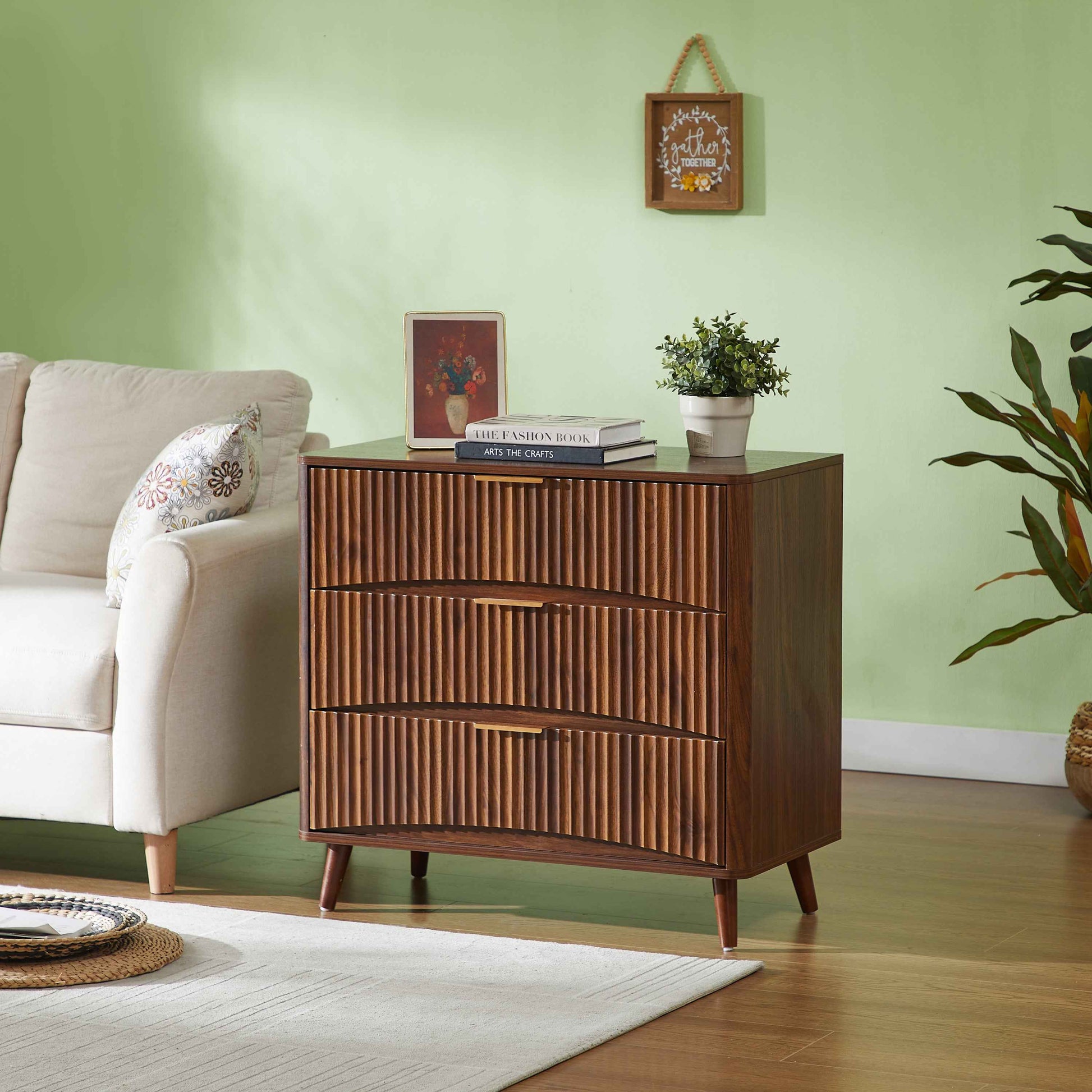 Fluted 3 Drawer Dresser Set of 2, Mid-Century Modern Tall Chest of Drawers with Vertical Grooved Design, Solid Wood Storage Cabinet with Metal Handles for Bedroom Living Room, Walnut