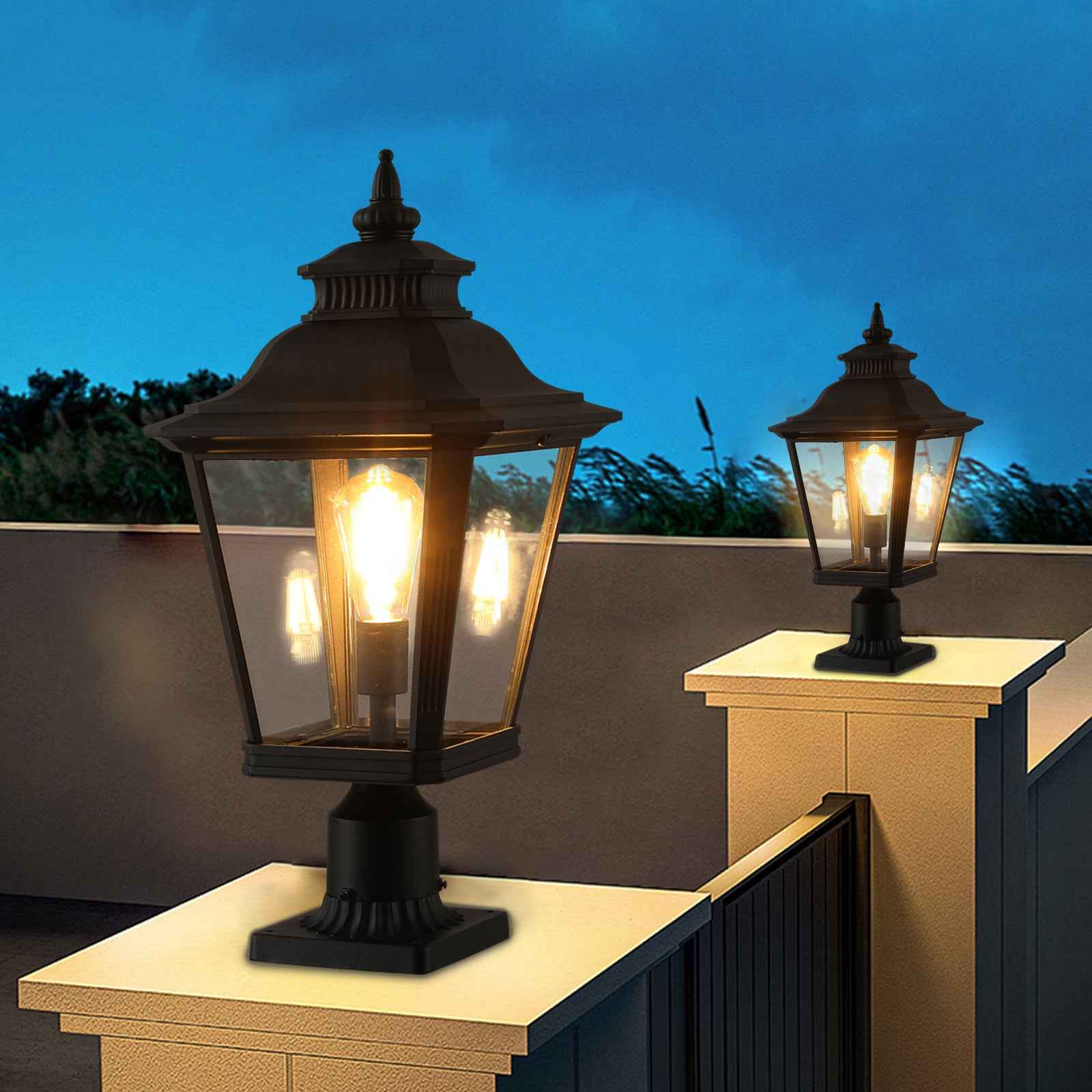 21'(H) 2-Pack Outdoor Post Lantern Light – Vintage Black Metal & Clear Glass Pillar Lamp for Garden, Gate, Driveway, and Pathway Lighting with Elegant Design (Bulb Not Included)