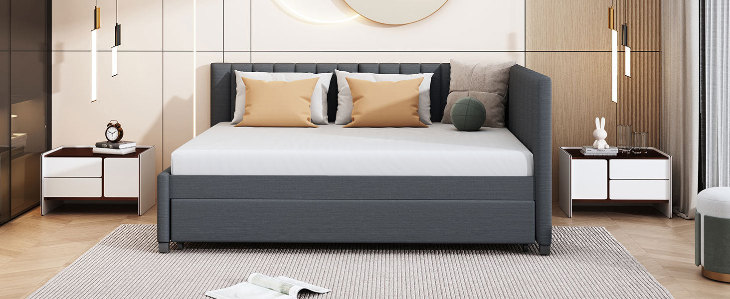 Full Size Upholstered Daybed with Trundle Sofa Bed Frame No Box Spring Needed, Linen Fabric(Gray) - Abrihome