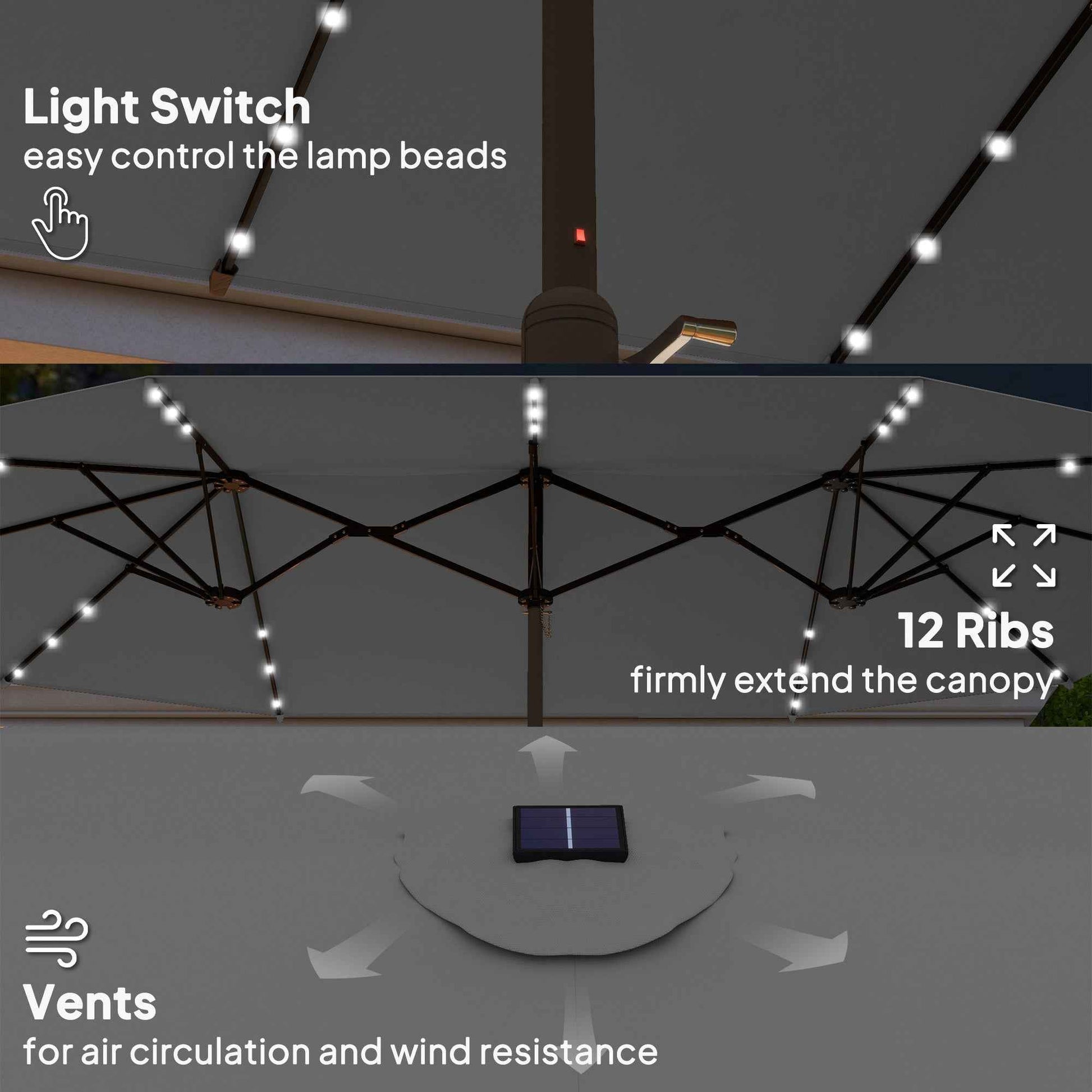 Outsunny Double-Sided Sun Umbrella, Outdoor Garden Parasol, Patio Sun Shade with LED Solar Light, Sand Base, Gray
