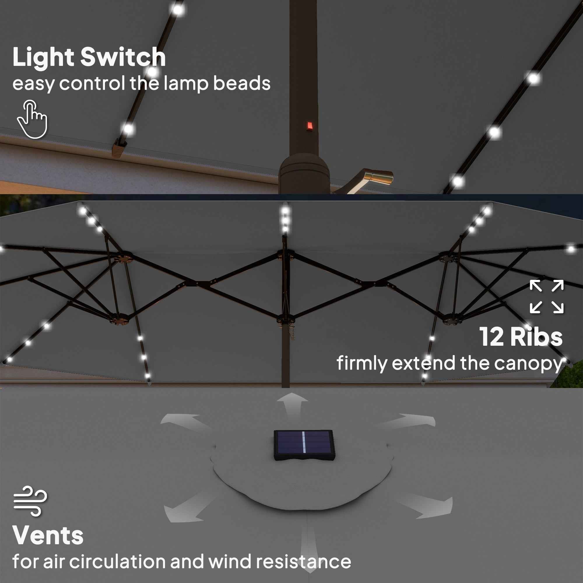 Outsunny Double-Sided Sun Umbrella, Outdoor Garden Parasol, Patio Sun Shade with LED Solar Light, Sand Base, Gray