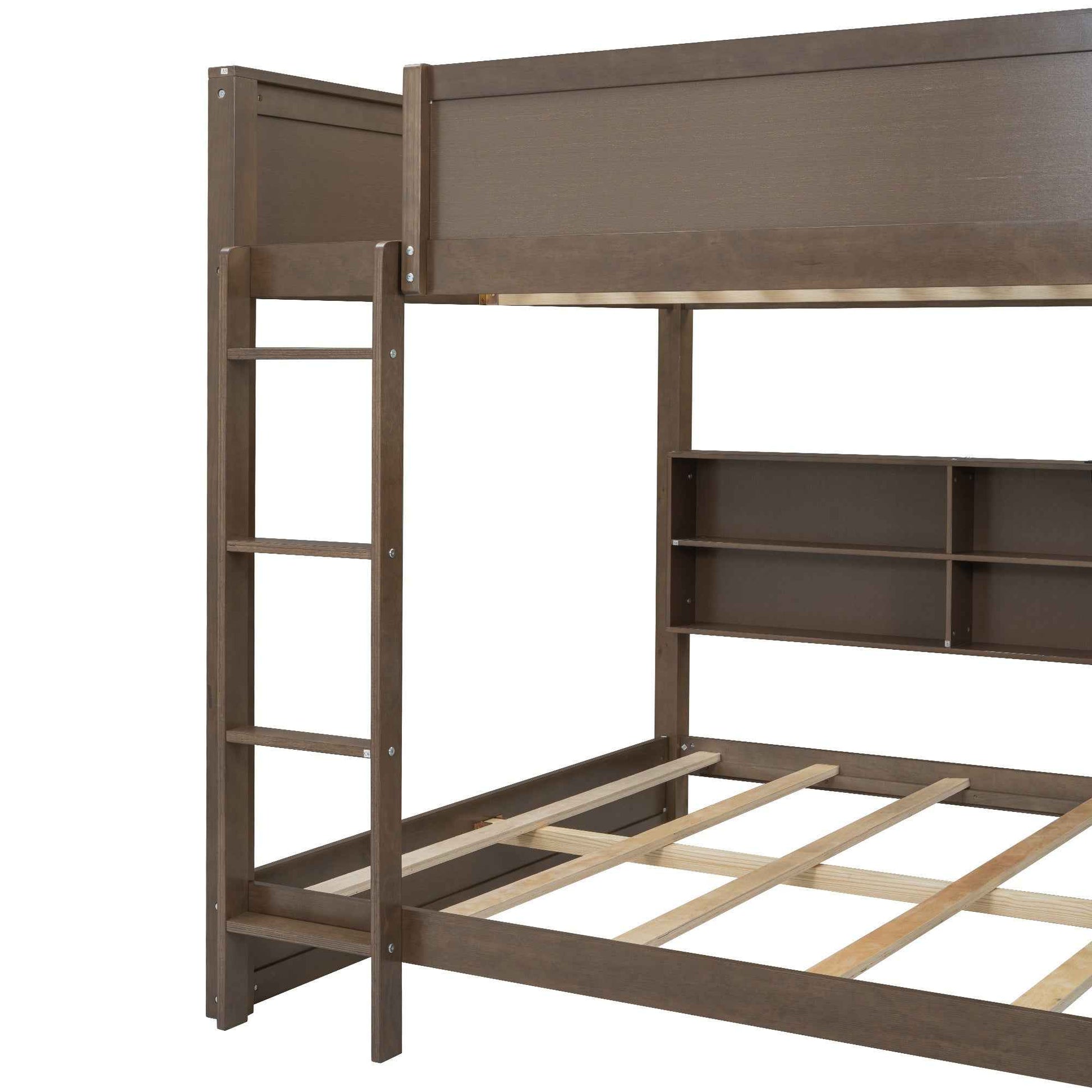 Queen over Queen Bunk Bed with Storage Cabinets and USB Ports in Antique Wood Color, Solid Pine Wood+MDF