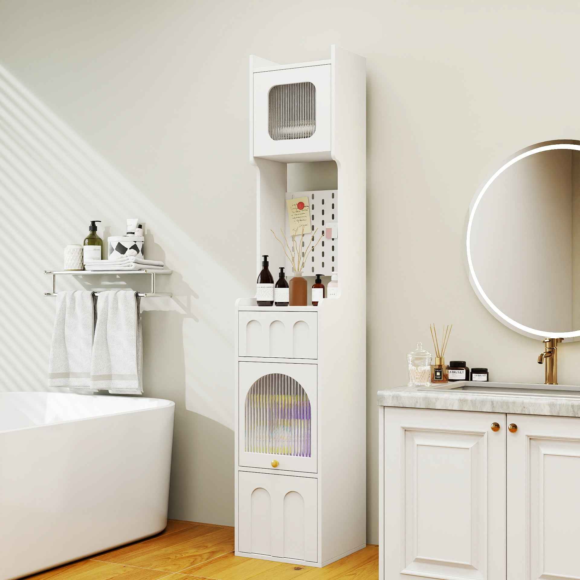 70.87' H Tall Bathroom Storage Cabinet with 1 Doors and 2 Drawer, Narrow Storage Unit, Floor Cabinet for Bathroom, Living Room, Entryway, Kitchen, White