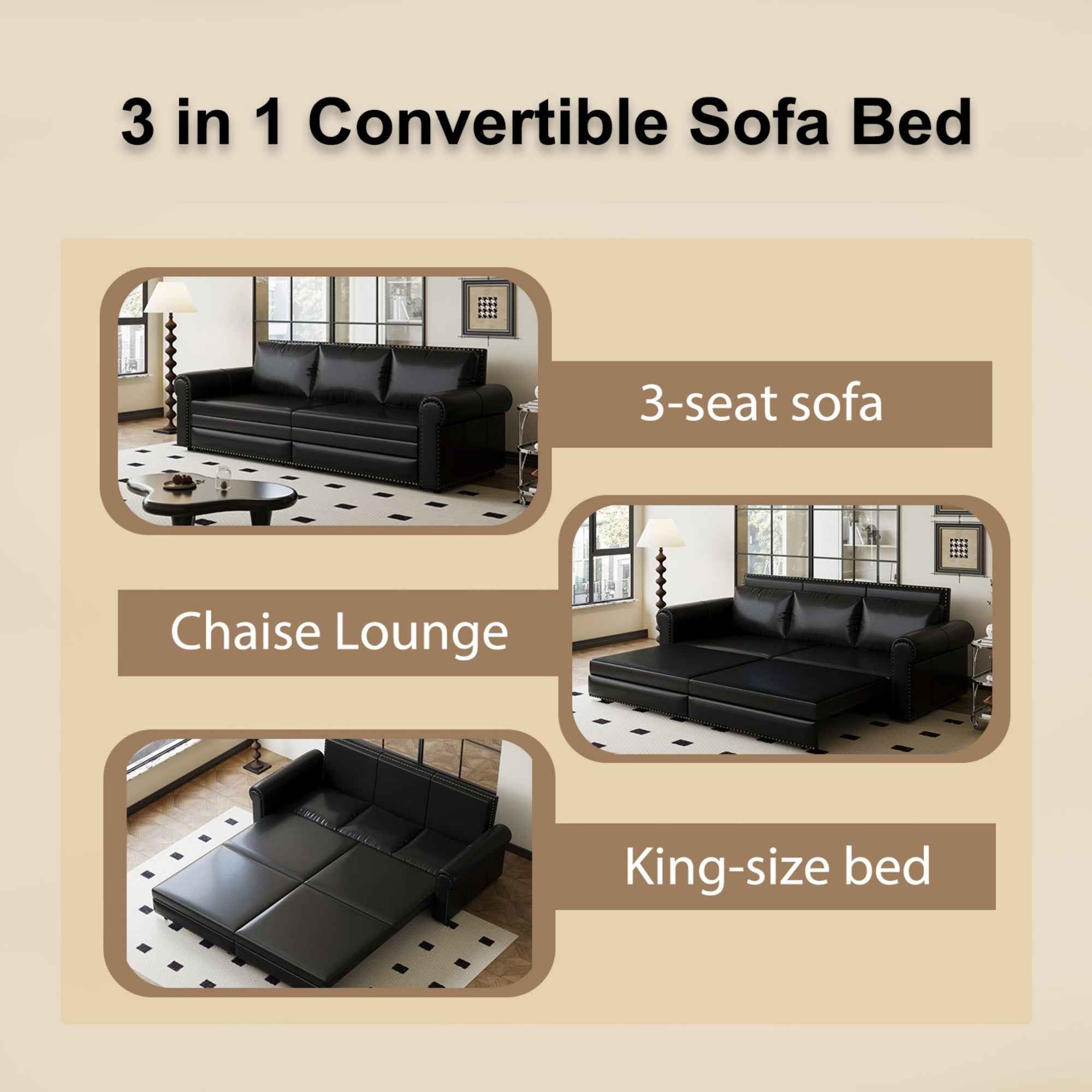 93.7 ' Pull Out Sofa Bed, 3-in-1 Faux Leather Convertible Sleeper Sofa with Nailhead Trim & Rolled Arm,Multi-Functional Sofa Bed for Living Room,Bedroom,Apartment,Office,Balck