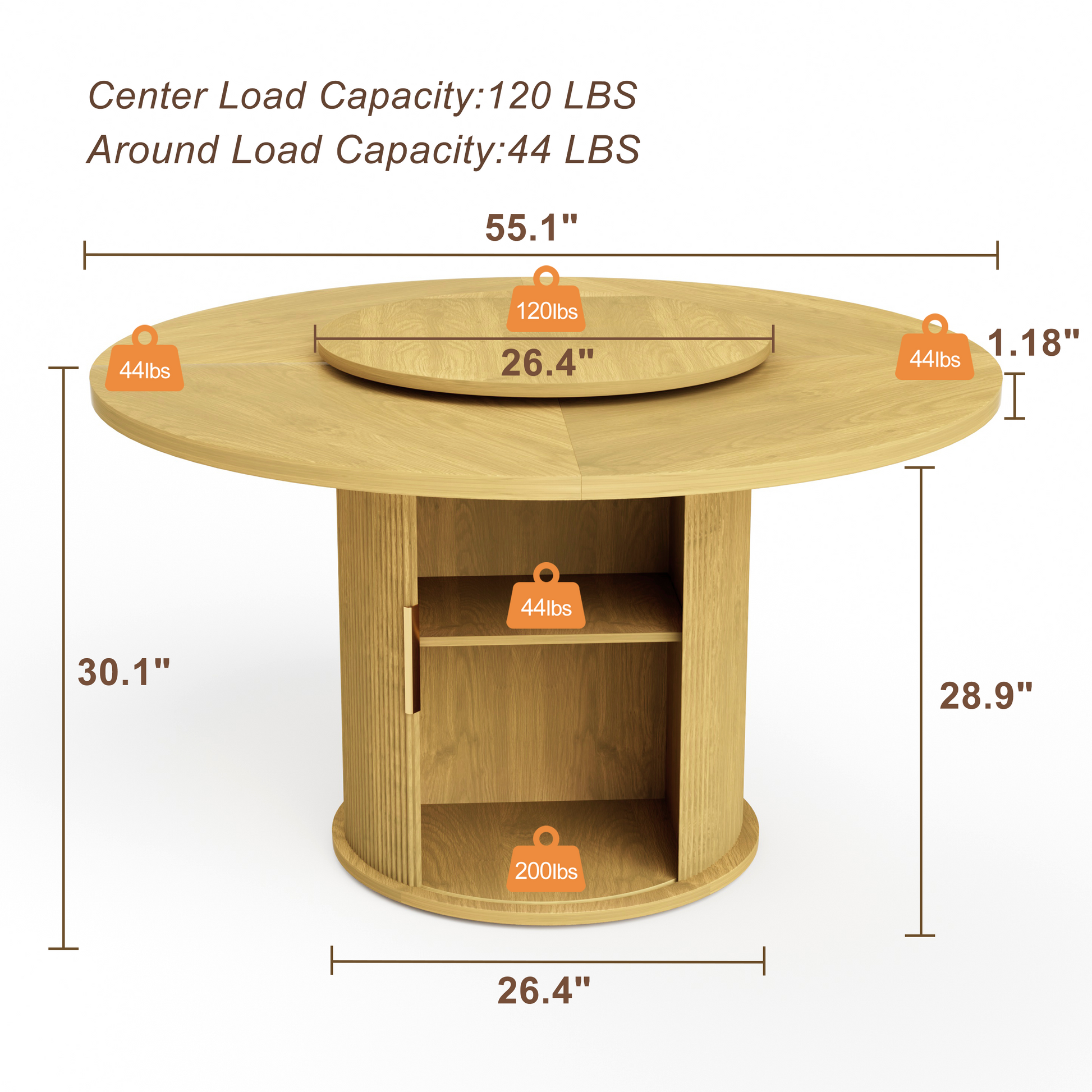 55-inch round dining table for six, featuring a double-tiered storage rack and a rotating tabletop tray. Wooden wavy-striped sliding doors. Ideal for home dining room living room (Natural).