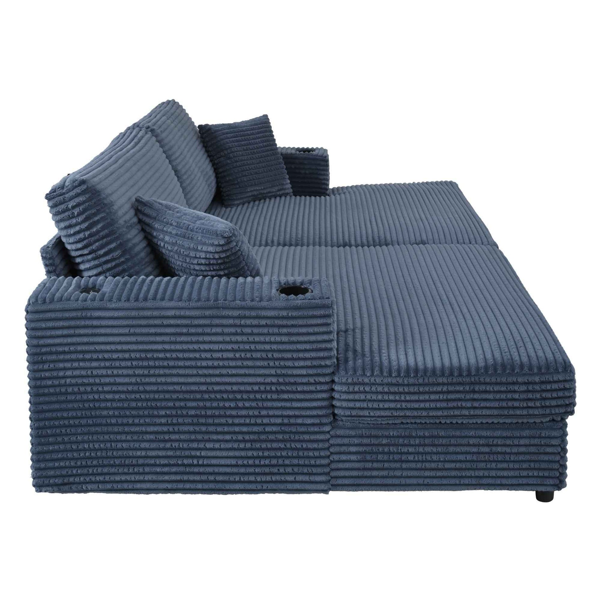 Oversized Loveseat Chaise Lounge Sectional Sofa Bed with USB Ports, Cup Holders, and Throw Pillows, Blue Corduroy