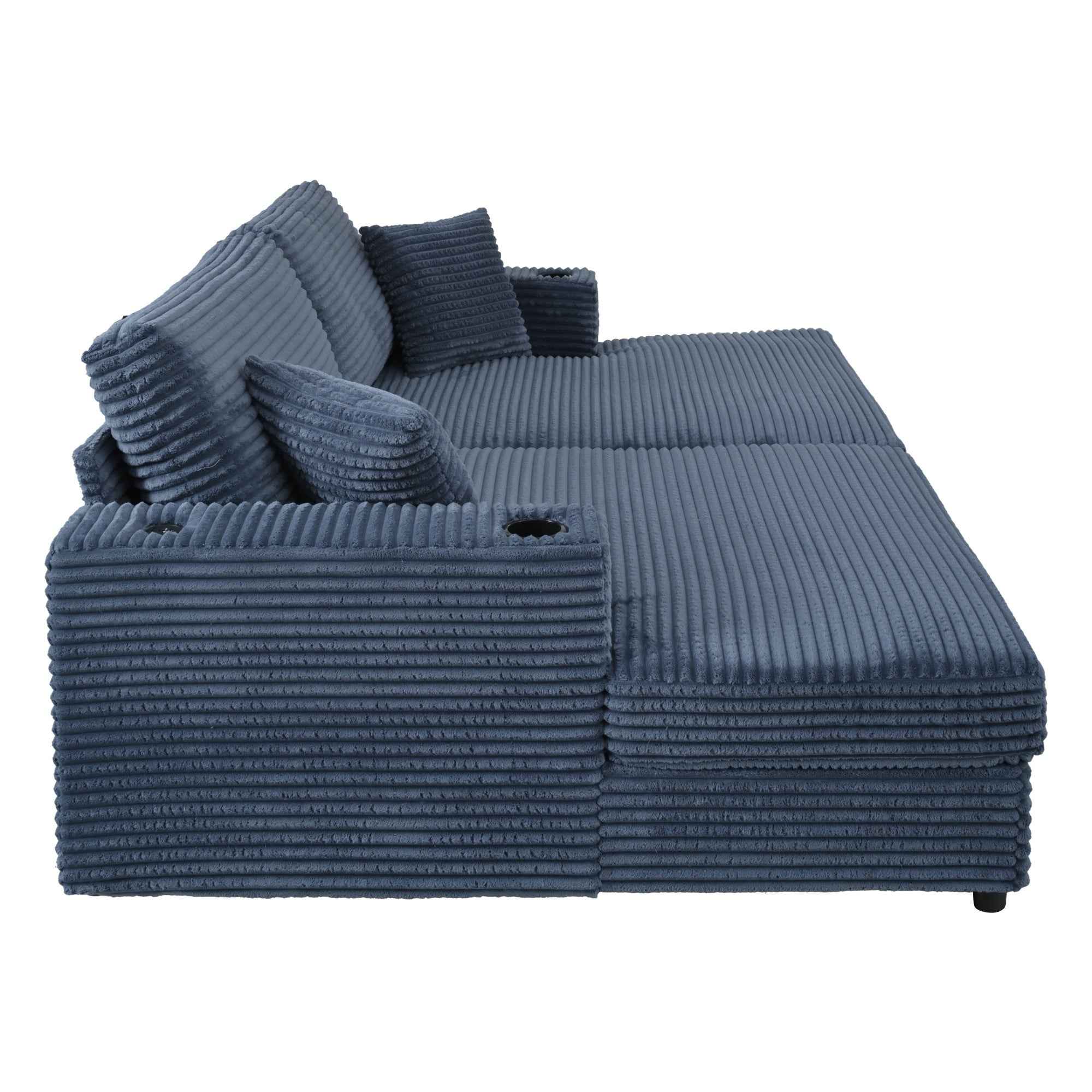 Oversized Loveseat Chaise Lounge Sectional Sofa Bed with USB Ports, Cup Holders, and Throw Pillows, Blue Corduroy