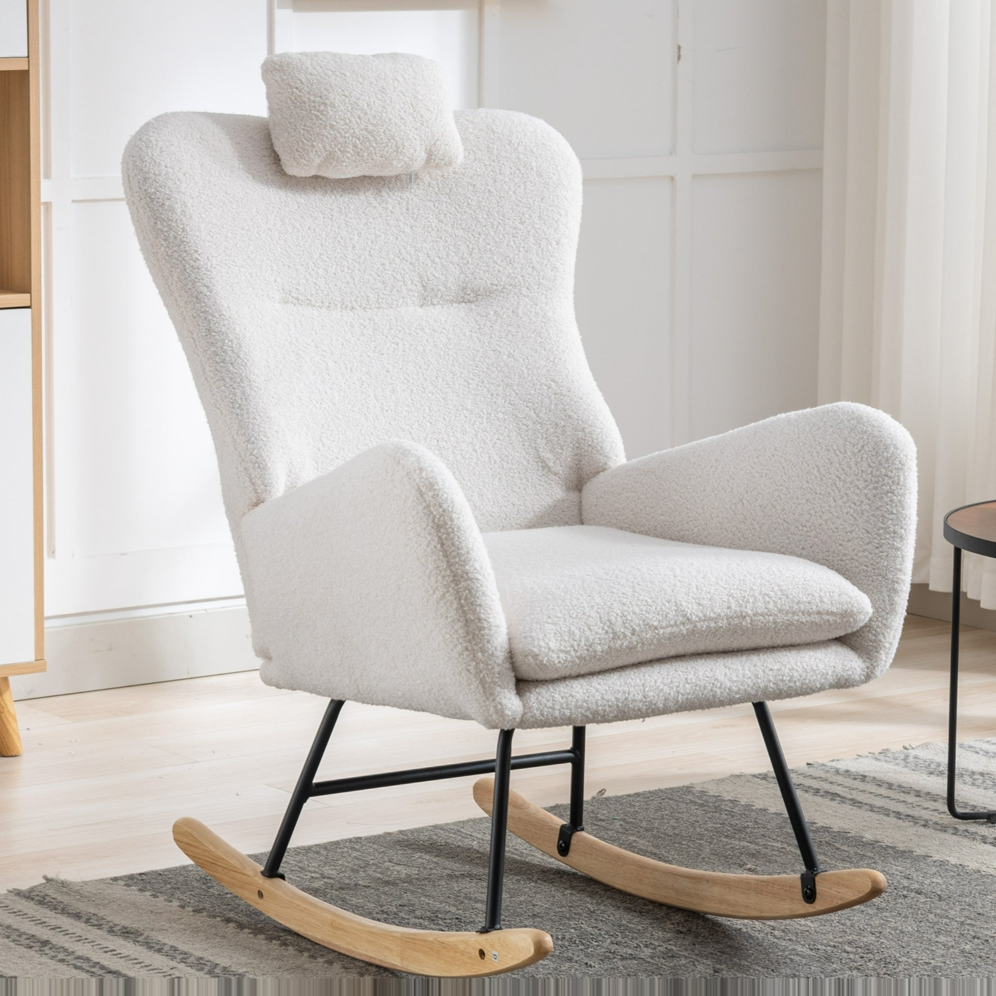 35.5 inch Rocking Chair with Pocket, Soft Teddy Fabric Rocking Chair for Nursery, Comfy Wingback Glider Rocker with Safe Solid Wood Base for Living Room Bedroom Balcony (white)