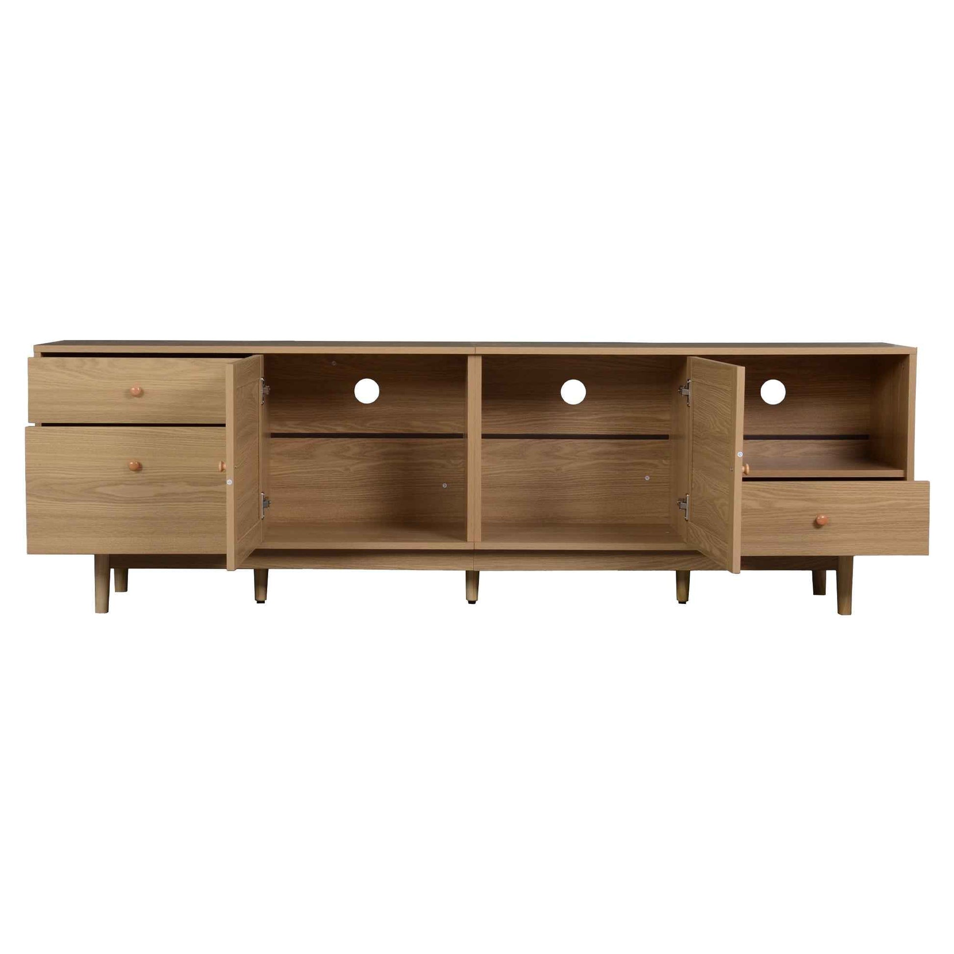 Boho TV Stand for 65 75 85 Inch TV with Real Rattan Doors, Modern Wood Media Console in Natural Finish, 76.6'' L x 15.7'' W x 23.6'' H