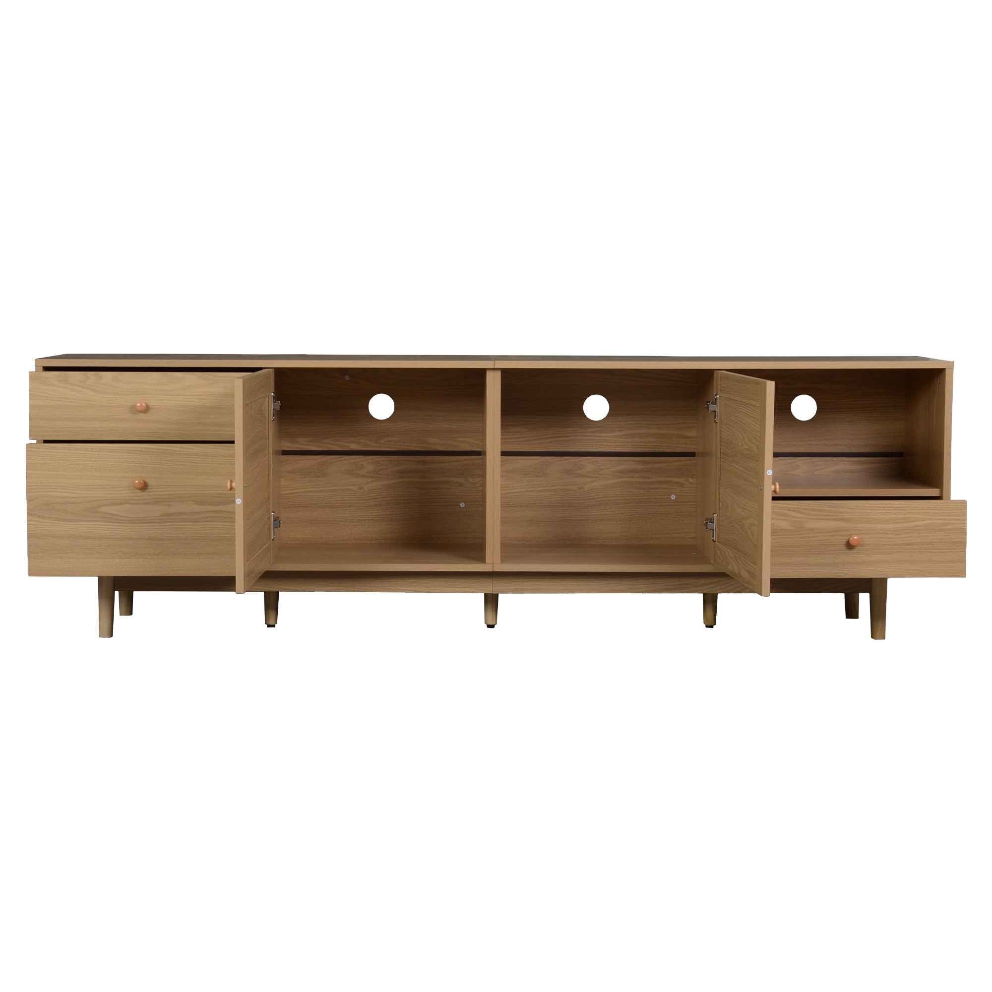 Boho TV Stand for 65 75 85 Inch TV with Real Rattan Doors, Modern Wood Media Console in Natural Finish, 76.6'' L x 15.7'' W x 23.6'' H