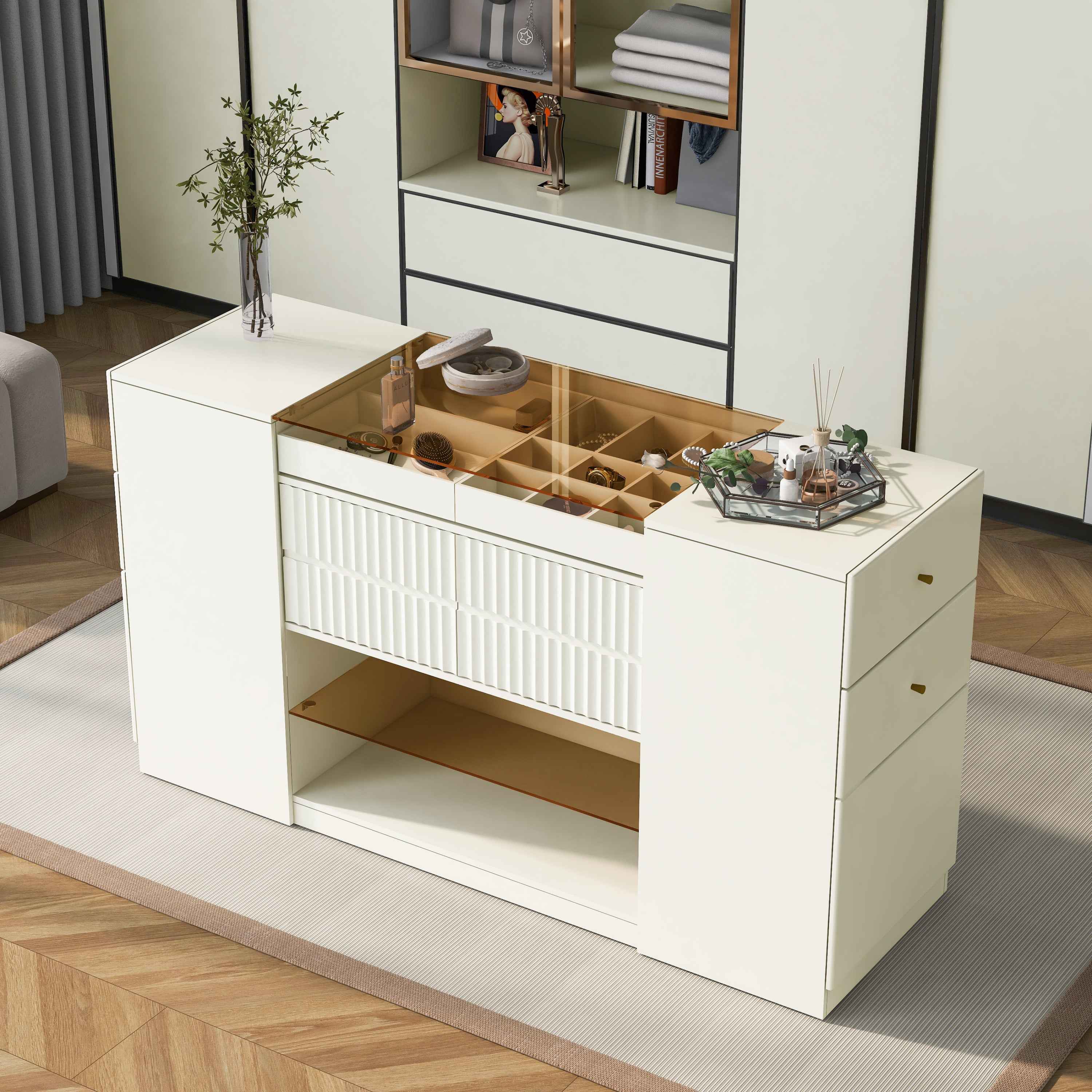 Modern Luxury Multi-Functional Island Vanity Dresser and Storage Cabinet with Glass Tabletop, Display Shelf, 6 Drawers, Cream White MDF