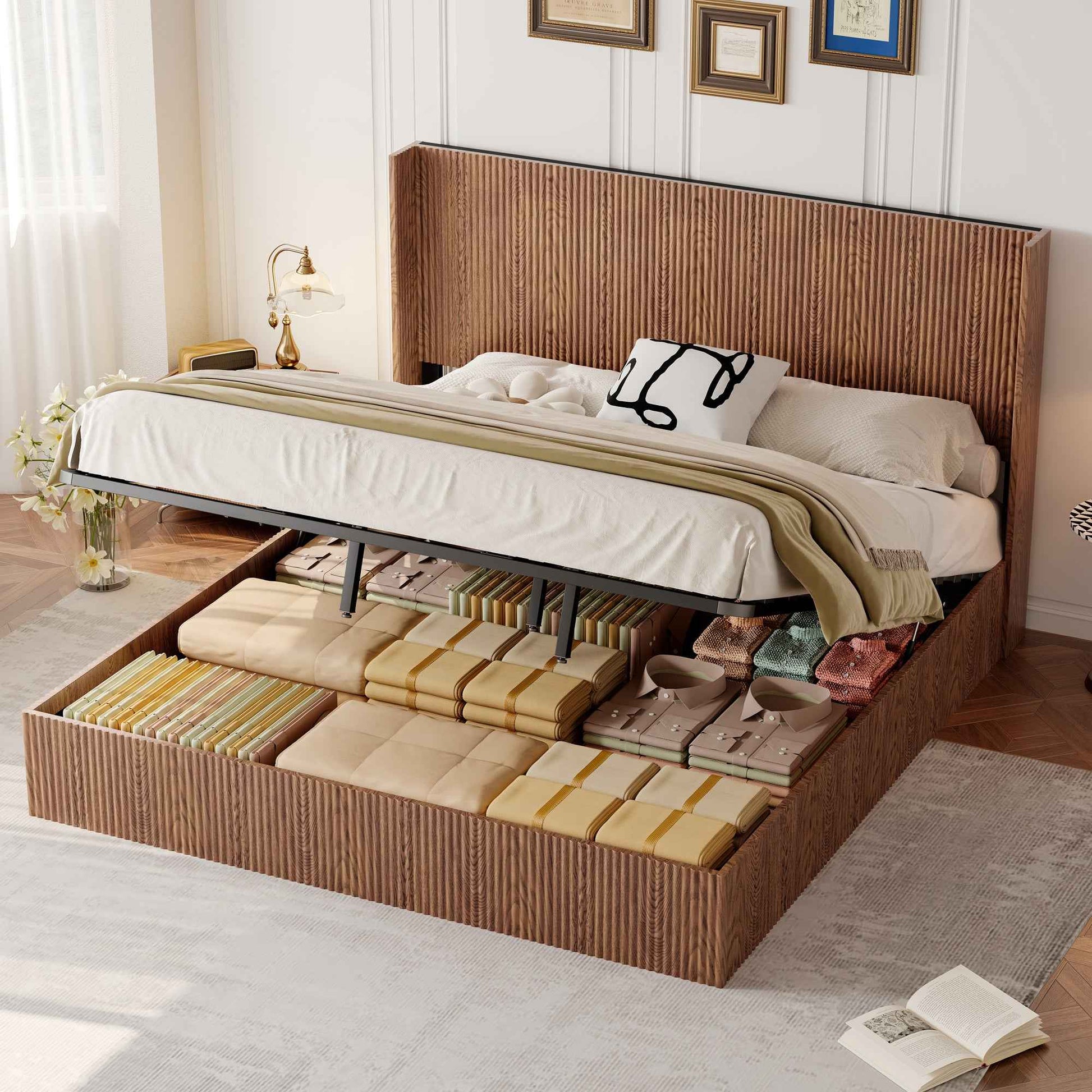 Large grooved undulating lift storage bed frame, wooden platform bed frame with lift storage, no spring box required/no noise, rustic brown slatted natural wood(
King)