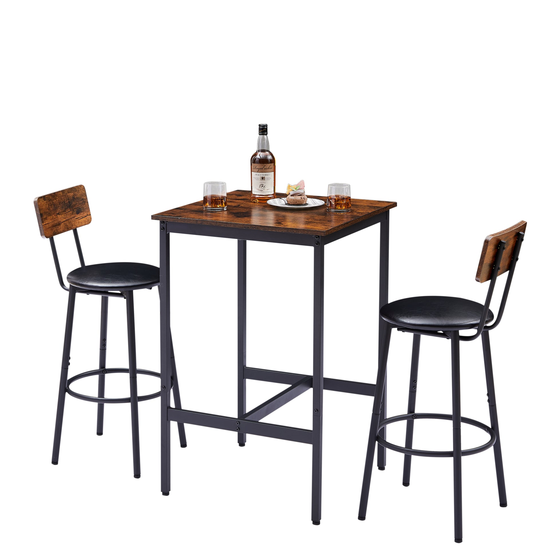 Bar Table Set with 2 Bar stools PU Soft seat with backrest, Rustic Brown, 23.62'' W x 23.62'' D x 35.43'' H - Abrihome