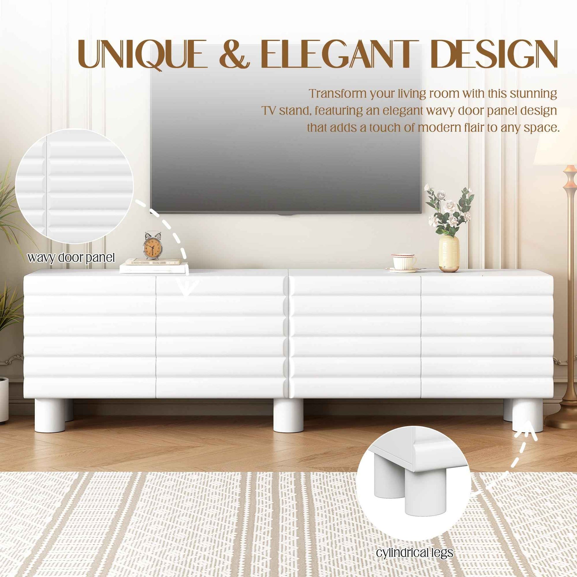 Stylish Thick Wavy Door TV Cabinet with Adjustable Shelves, Cream Style TV Stand with 4 Cabinets for TVs Up to 75', Solid Media Console with Cylindrical Legs and Cable Holes for Living Room, White