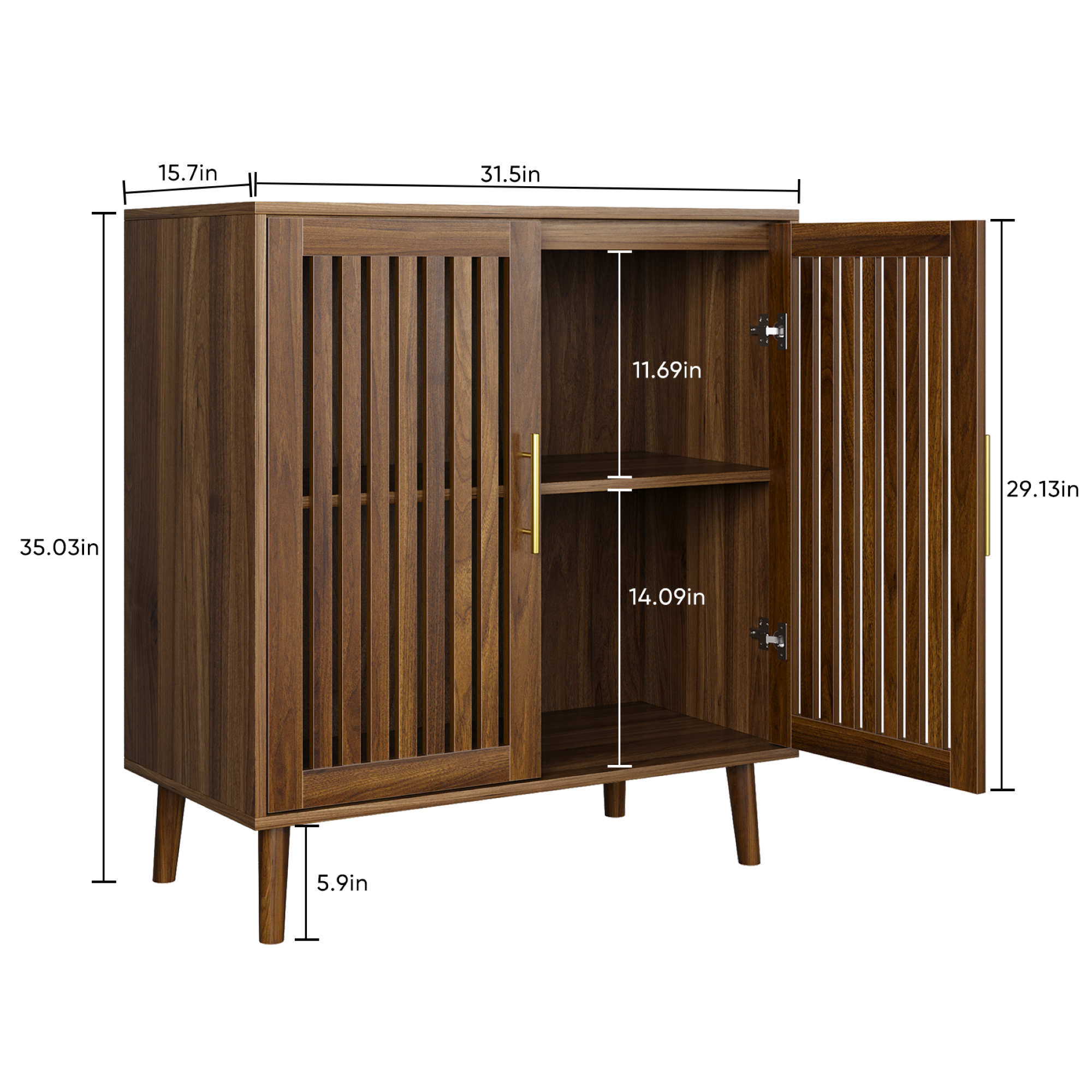 Farmhouse Walnut Sideboard Buffet Cabinet With Louvered Doors, Wood Coffee Bar Storage For Kitchen & Living Room, 31.5' W