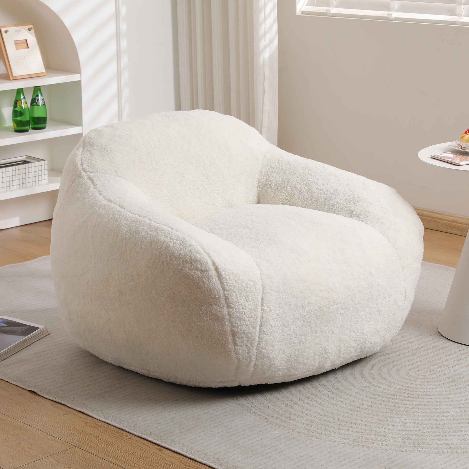 Giant Bean Bag Chair for Adults, Spacious Memory Foam Bean Bag Sofa with Armrests in Off White Teddy Fabric, Comfy Seating for Living Room or Bedroom