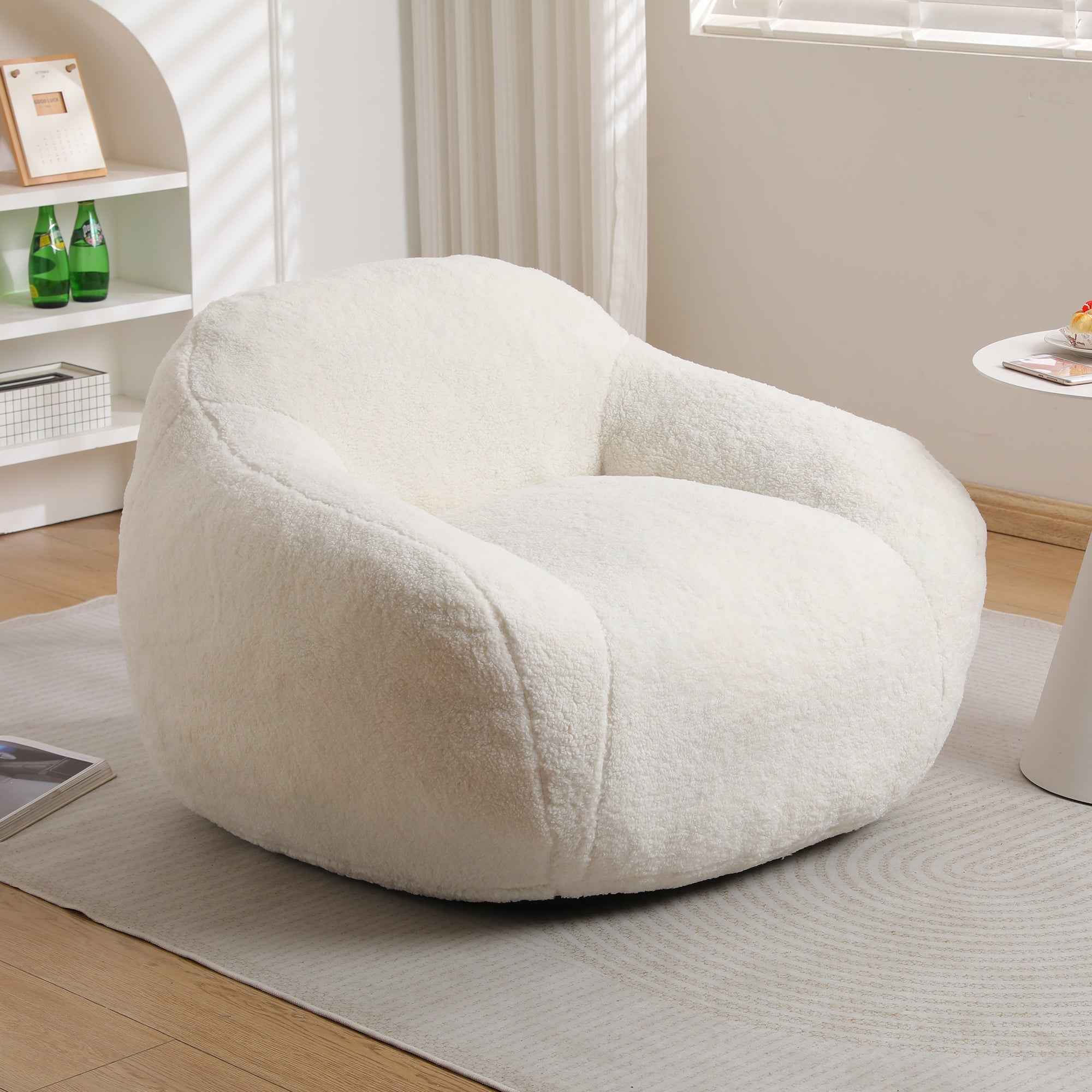 Giant Bean Bag Chair for Adults, Spacious Memory Foam Bean Bag Sofa with Armrests in Off White Teddy Fabric, Comfy Seating for Living Room or Bedroom