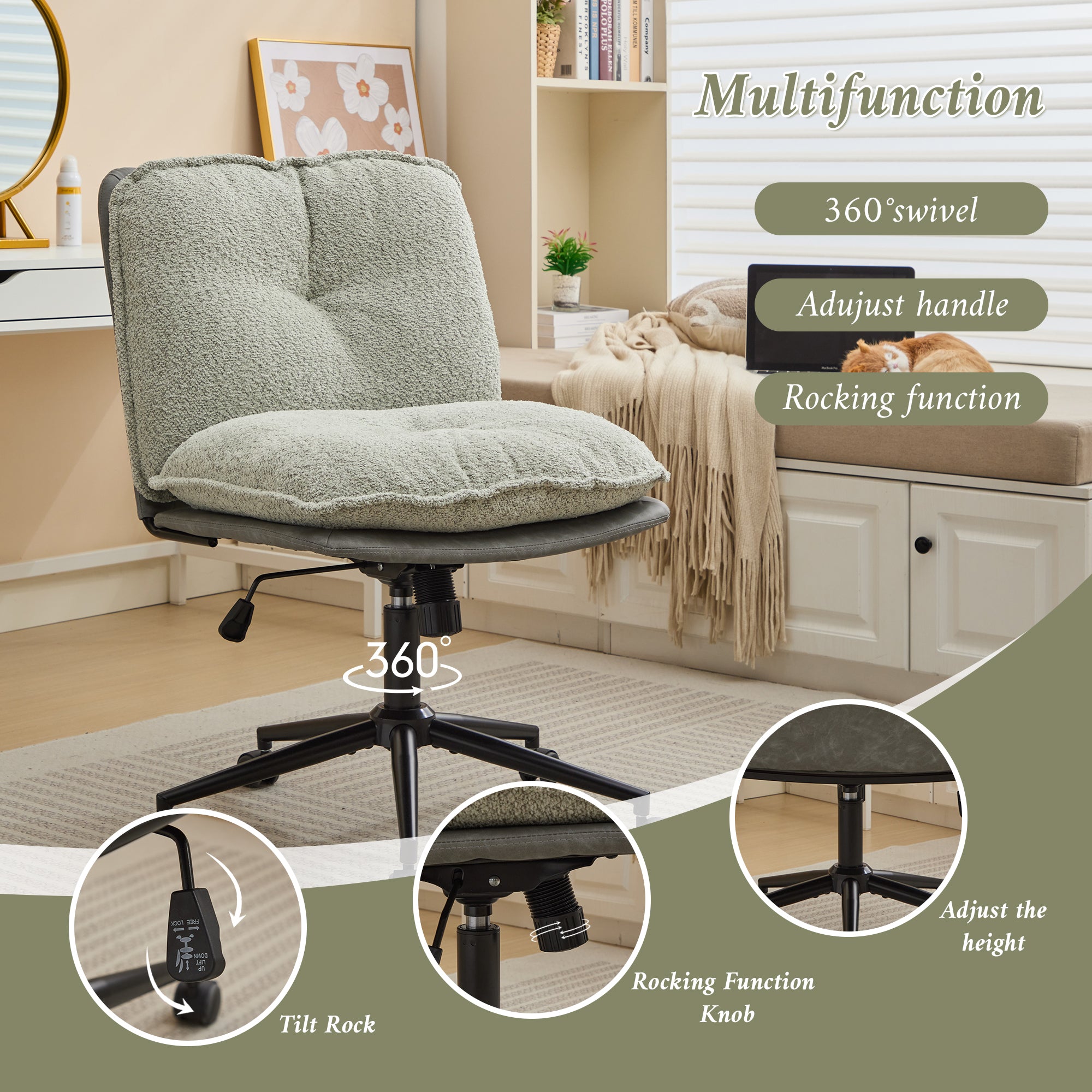 Oversize Seat Cirss Cross Chair with Wheels, Elegant Design Computer Chair, Adjustable Height 360° Rolling Swivel Home Office Chair for Small Space, Dressing Room, Living Room (GRAY+GREEN)