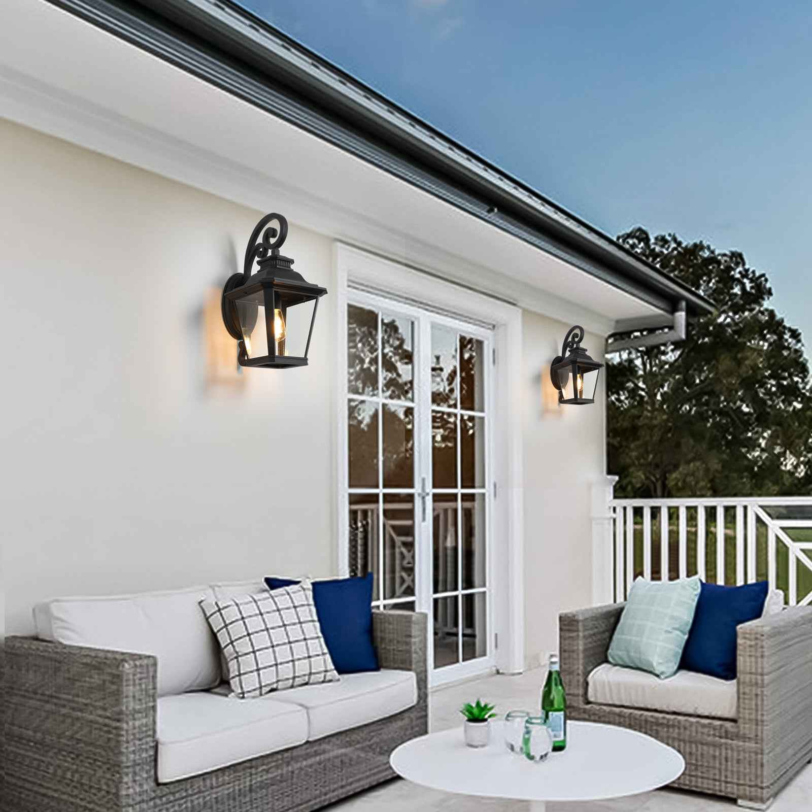 21'(H) 1-Pack Outdoor Wall Lantern Light – Vintage Black Metal & Clear Glass Sconce with Decorative Scroll Design for Porch, Patio, and Garden Lighting (Bulb Not Included)