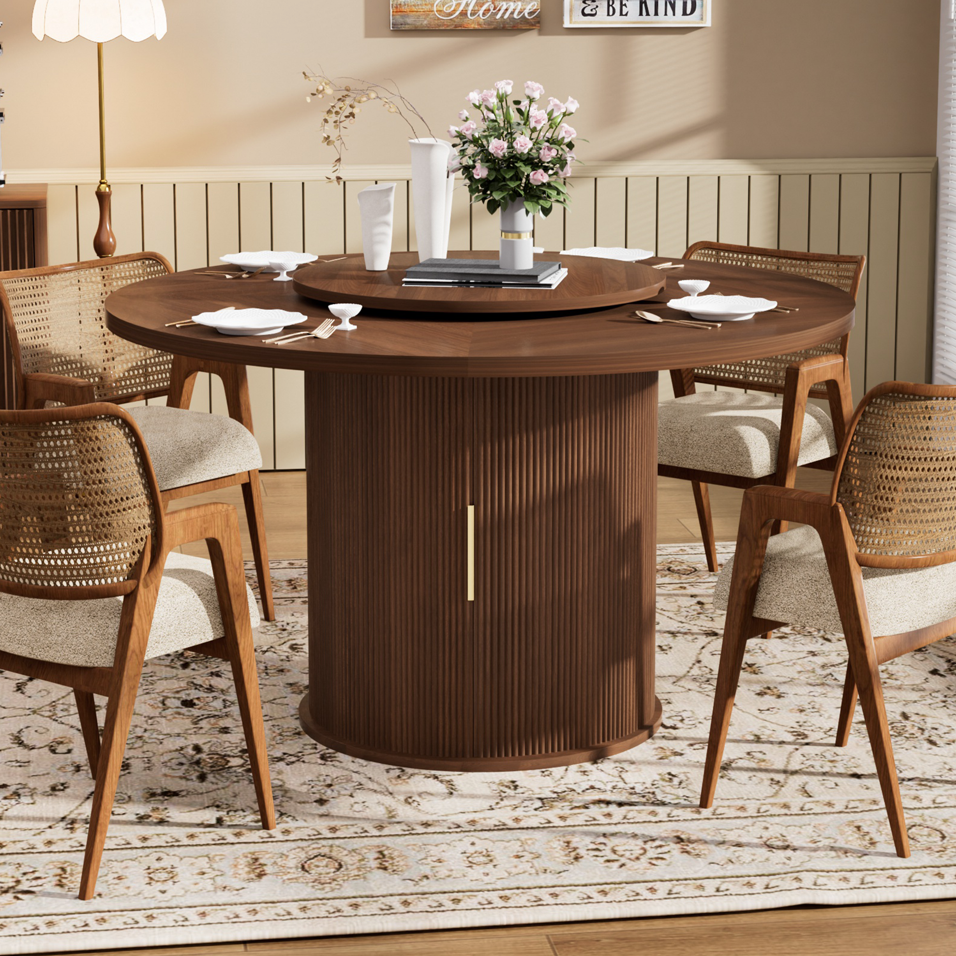 55-inch round dining table for six, featuring a double-tiered storage rack and a rotating tabletop tray. Wooden wavy-striped sliding doors. Ideal for home dining room living room (Walnut).