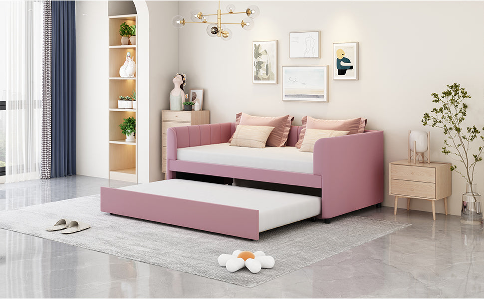 Twin Size Upholstered Daybed with Ergonomic Design Backrest and Trundle, Pink