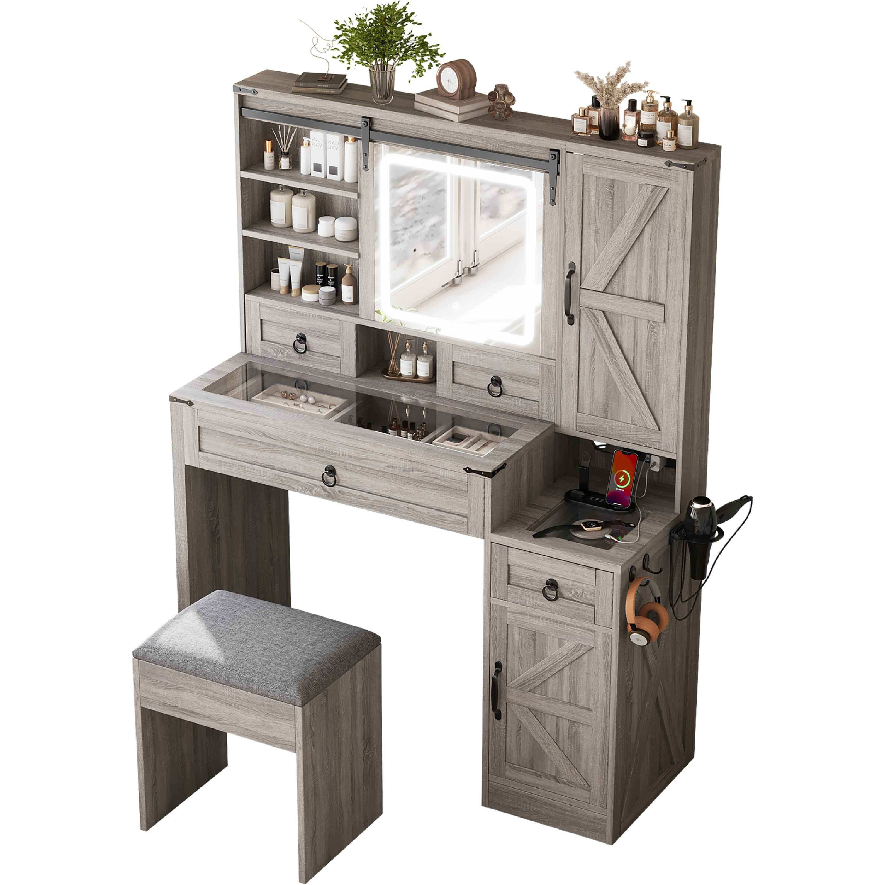 Farmhouse Vanity Desk with Sliding Mirror and Lights, Vanity Set with Glass Top and Charging Station ,Dressing Table with 4 Drawers and 2 Cabinets, Dressing Table with Stool for Bedroom, Gray