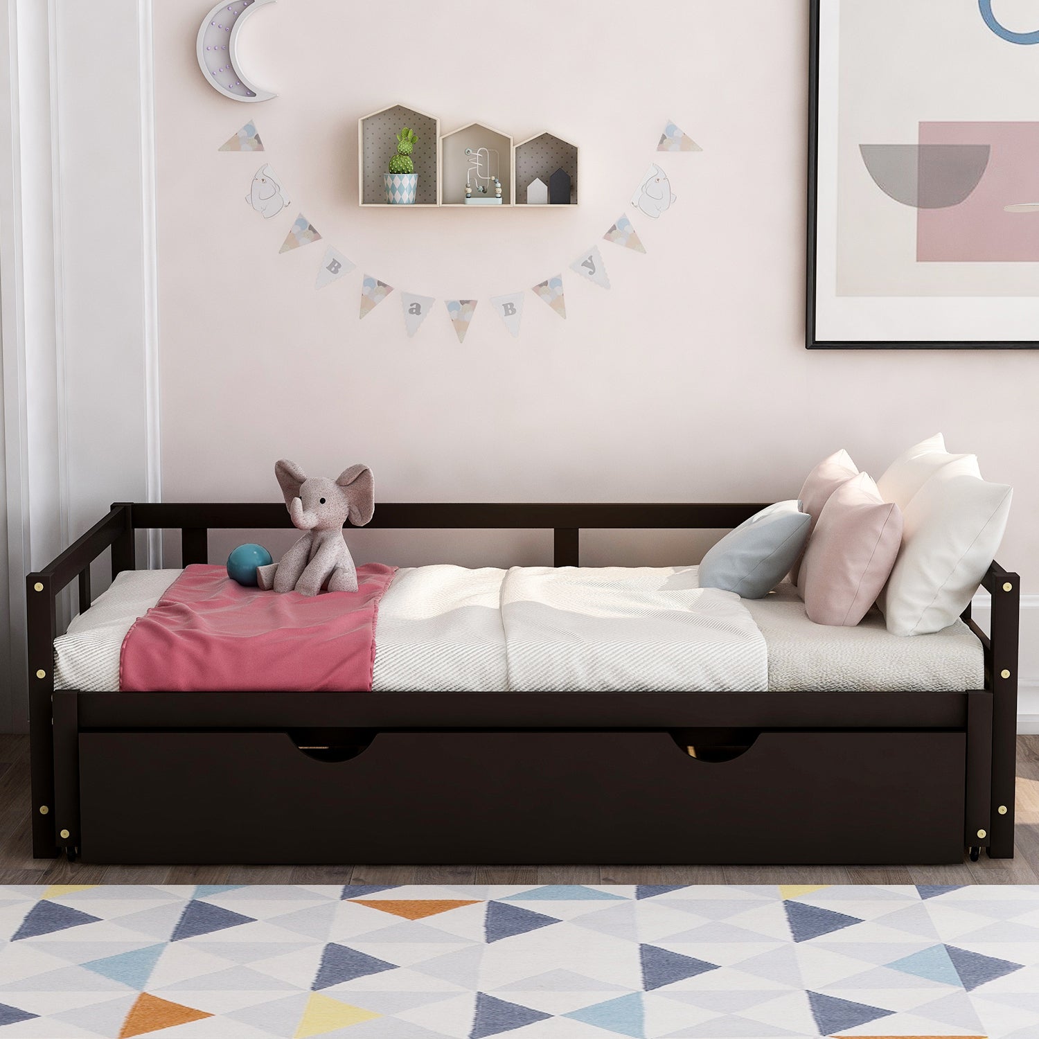 Extending Daybed with Trundle, Wooden Daybed with Trundle, Espresso - Abrihome