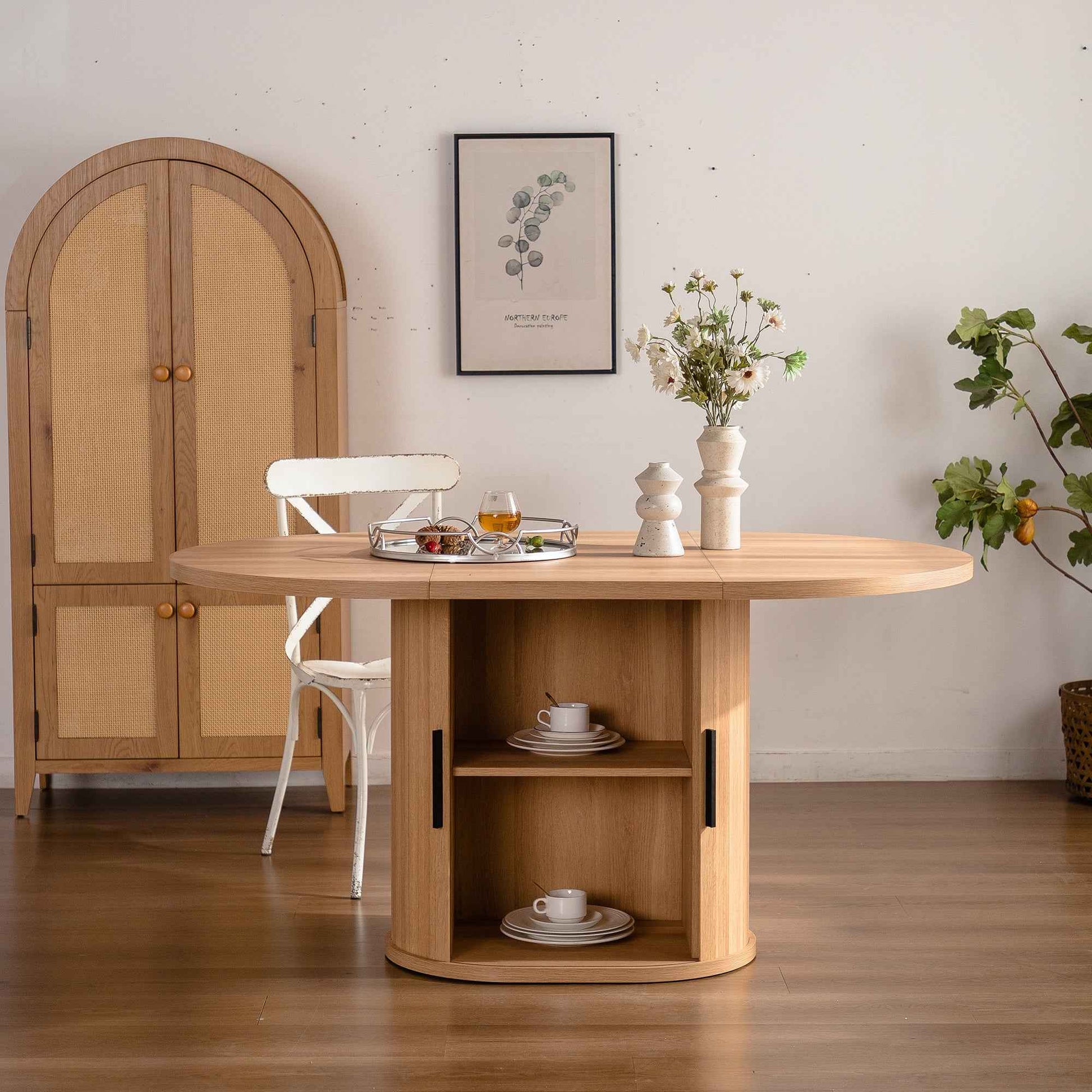 59 Inch Oval Dining Table for 4-6 Oval Table Kitchen Modern Oval Dining Room Table with 2-Layer Storage Shelf and Wood Slide Door Oval Kitchen Tables for Dining Room