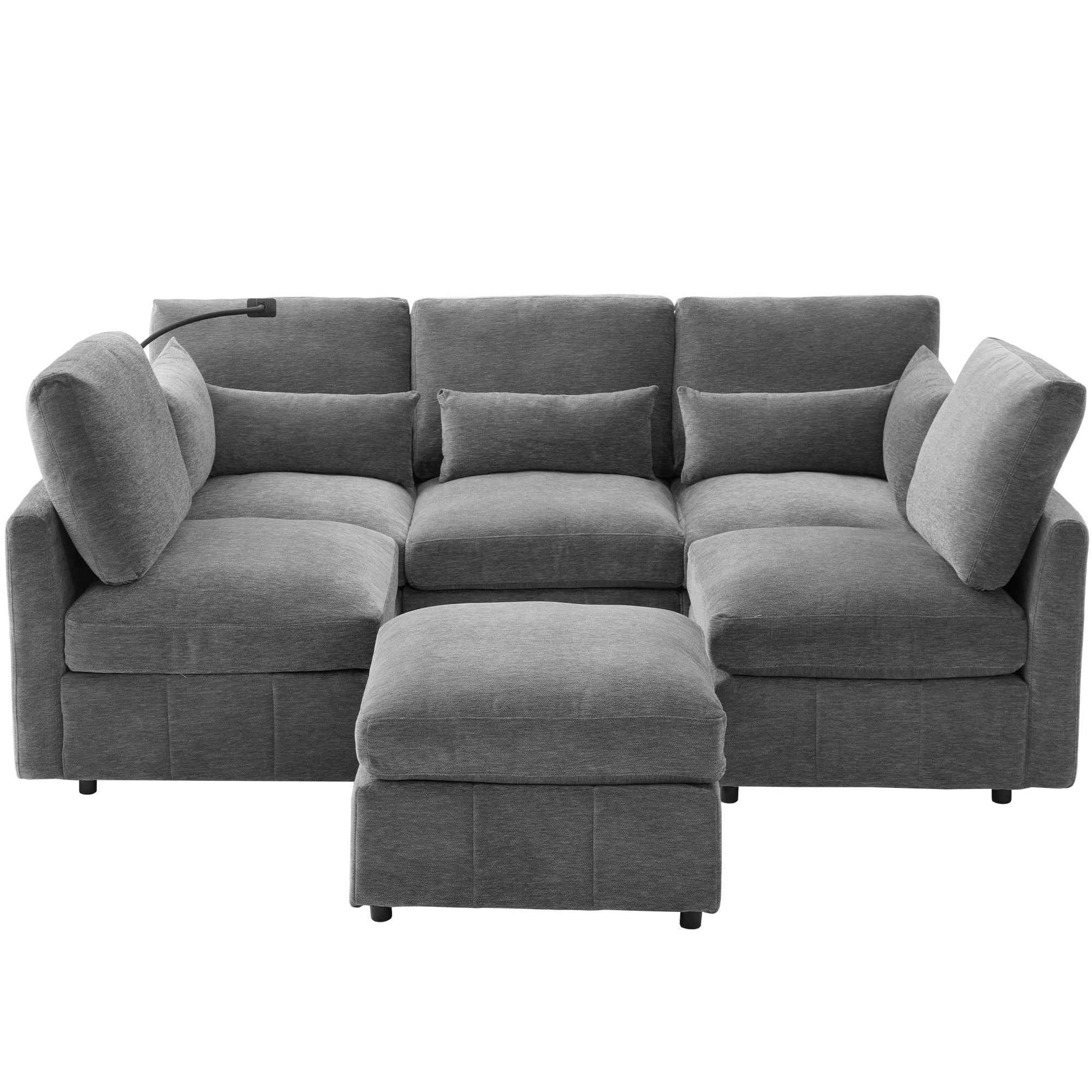 Modern Sectional Sofa Modular Sofa with Movable Ottoman, USB Ports & Phone Holder, Grey Chenille, 85.4'