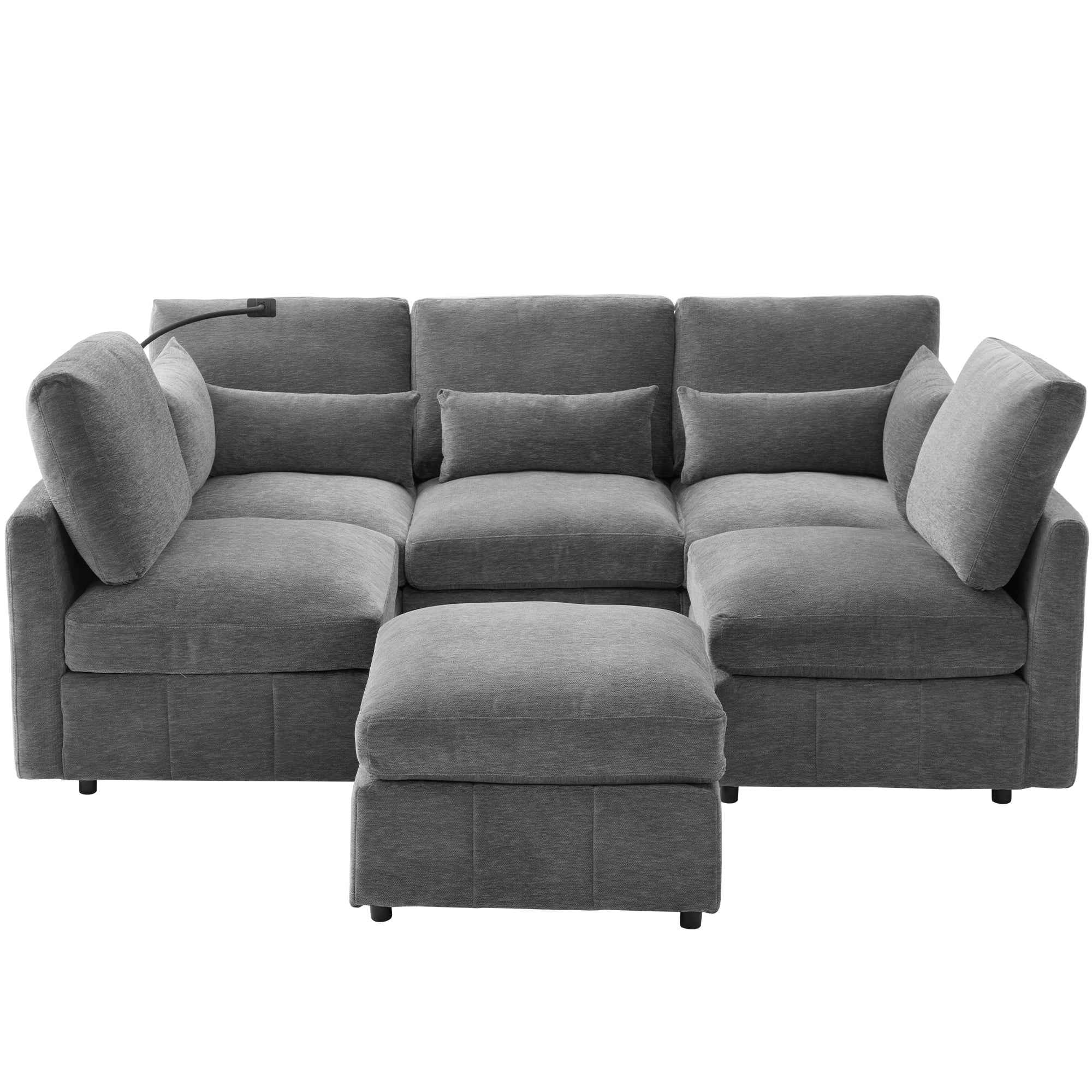 Modern Sectional Sofa Modular Sofa with Movable Ottoman, USB Ports & Phone Holder, Grey Chenille, 85.4'