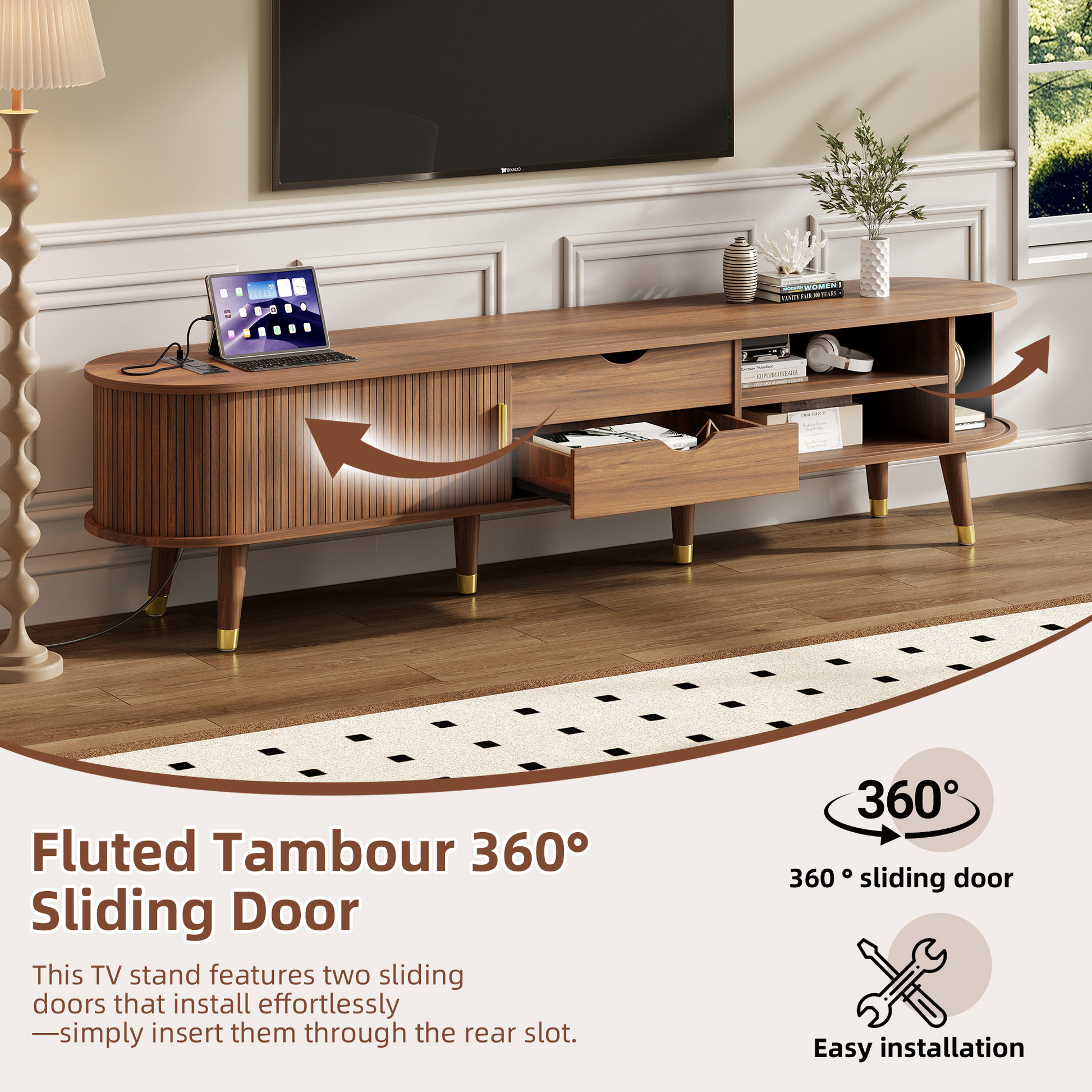 [Assembly Video]Wooden Oval Fluted TV Stand with Charging Station for TV up to 80', Mid-Century Media Console with Sliding Tambour Door, Farmhouse TV Cabinet with Golden Handle for Living Room, Walnut