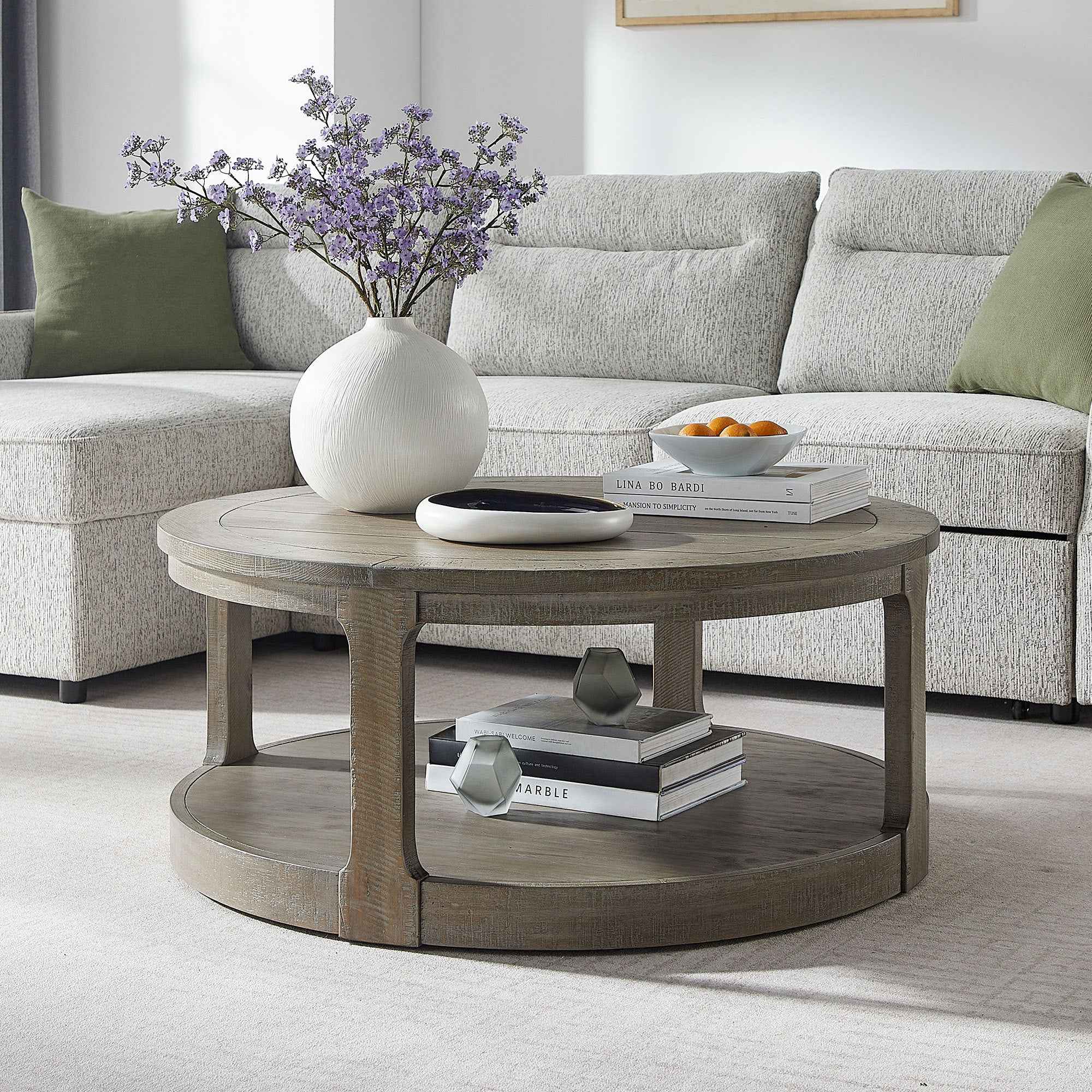 40inch Large Curved 2 Tier Traditional Round Circle Wooden Center Coffee Table,Rounded Table with Wheels,Mid Century Rustic Style Table for living Room,Office,Apartment,Light Brown