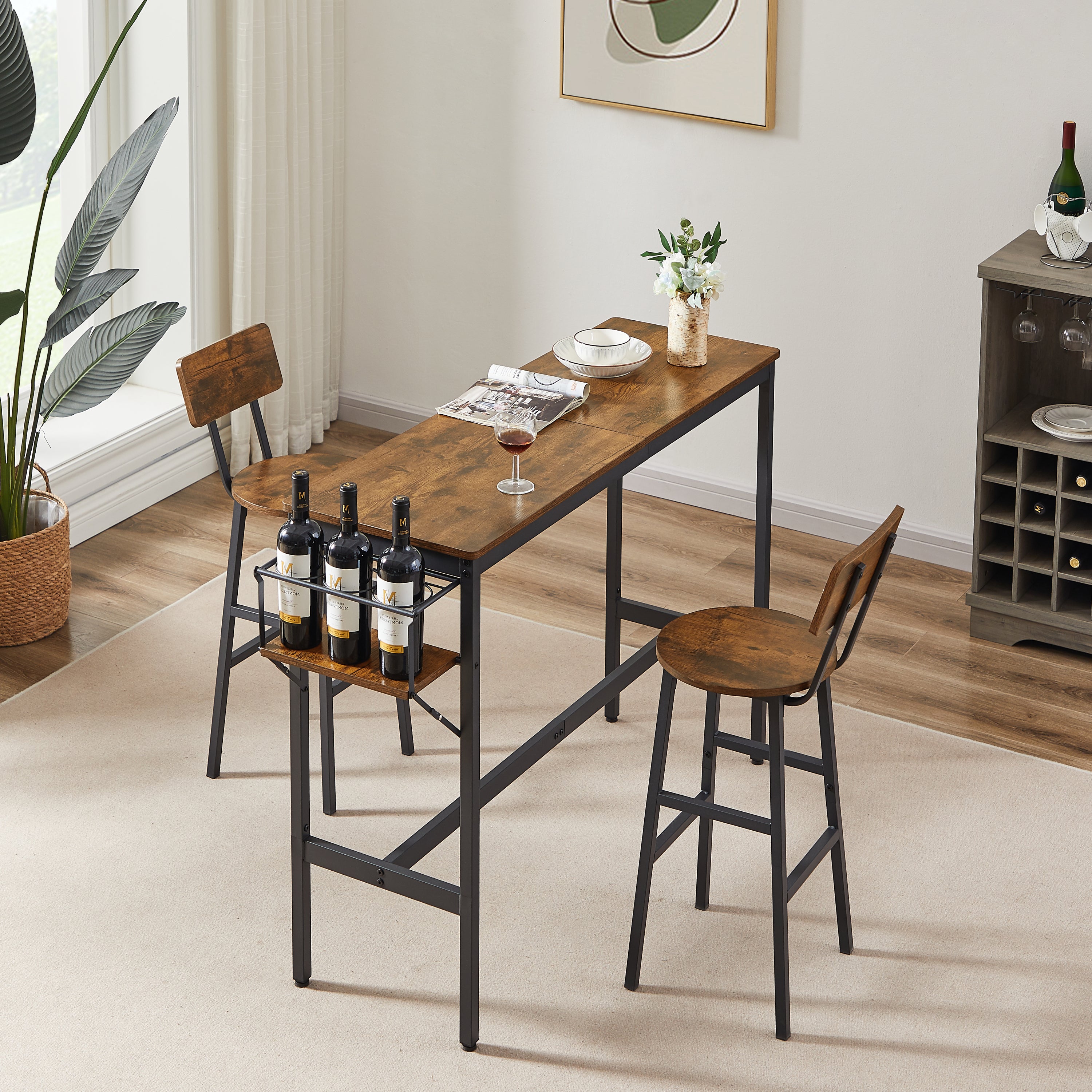 Bar Table Set with wine bottle storage rack. Rustic Brown, 47.24'' L x 15.75'' W x 35.43'' H.