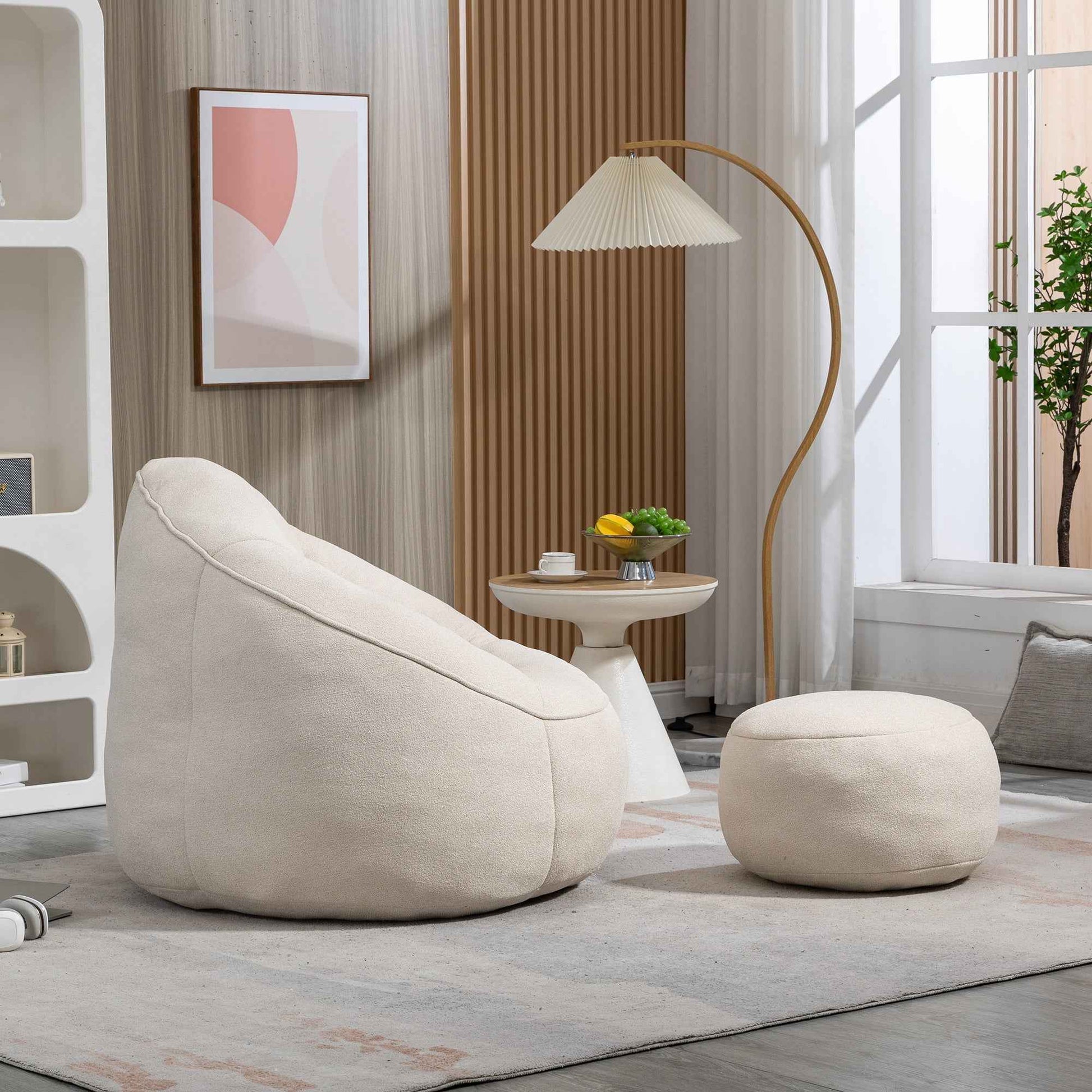 Bedding Bean Bag Sofa Chair with High-Pressure Foam and Footrest, Beige Microfiber