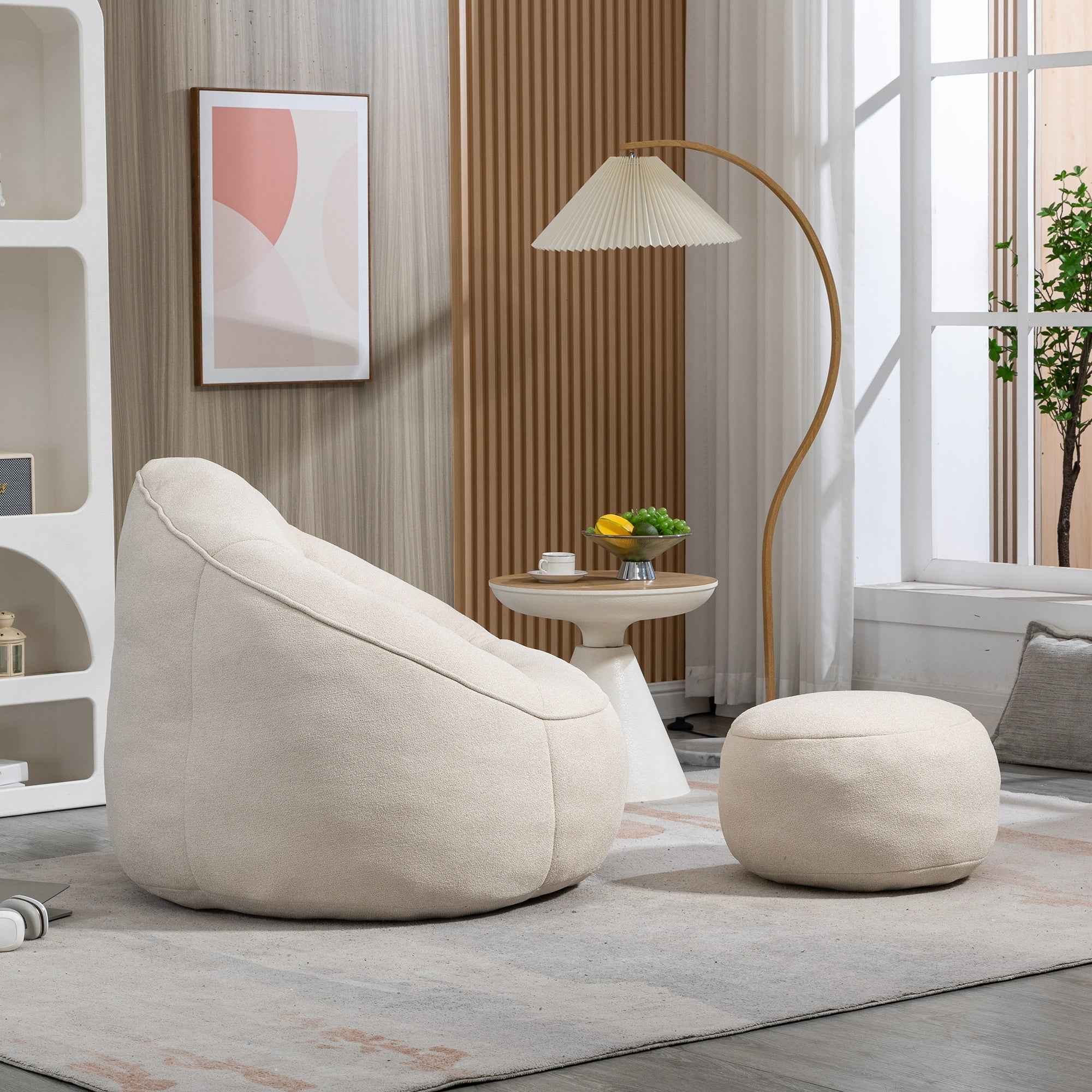 Bedding Bean Bag Sofa Chair with High-Pressure Foam and Footrest, Beige Microfiber
