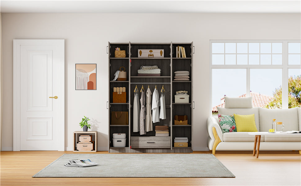 4-Door Wardrobe with 1 Drawer and Top Cabinet , Gray