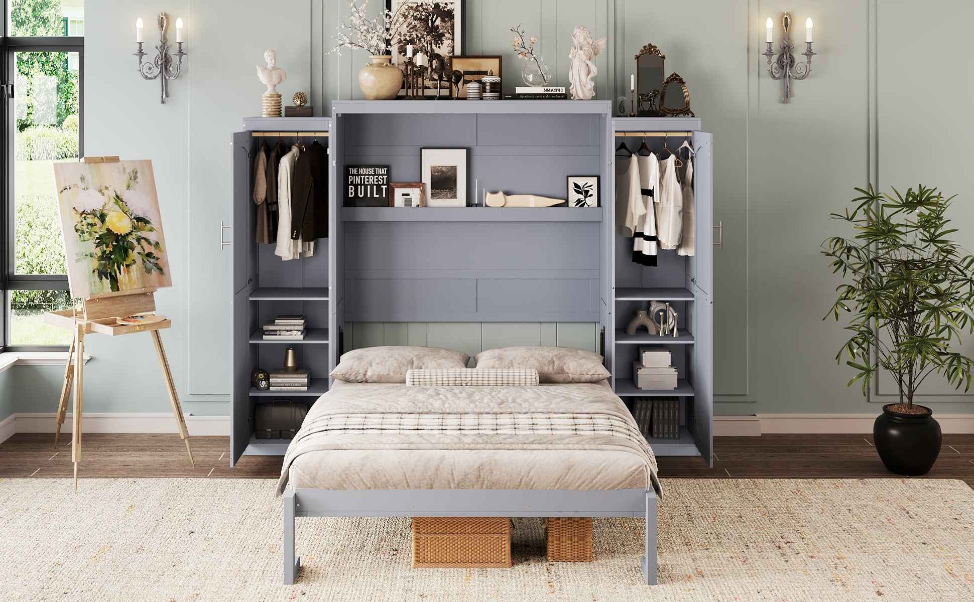 Full Size Murphy Bed, Wooden Full Wall Bed with 2 Wardrobe and Storage Shelf, Multifunctional Foldable Platform Bedframe for Guest-Room, Bedroom, Gray