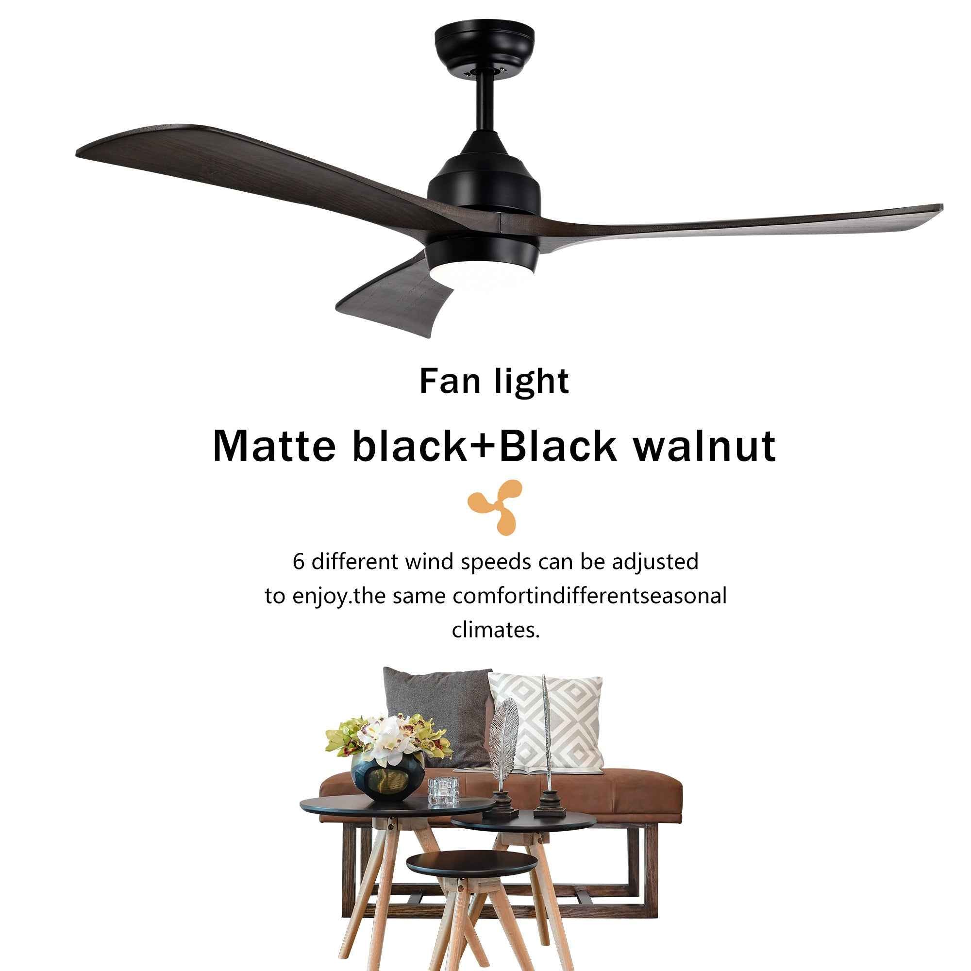 52' Ceiling Fan with Lights Remote Control,Quiet DC Motor 3 Blade Ceiling Fans 6 Speed Levels,Reversible Ceiling Fan, for Patio Living Room, Bedroom, Office,Indoor.(Matte Black +Black Walnut )