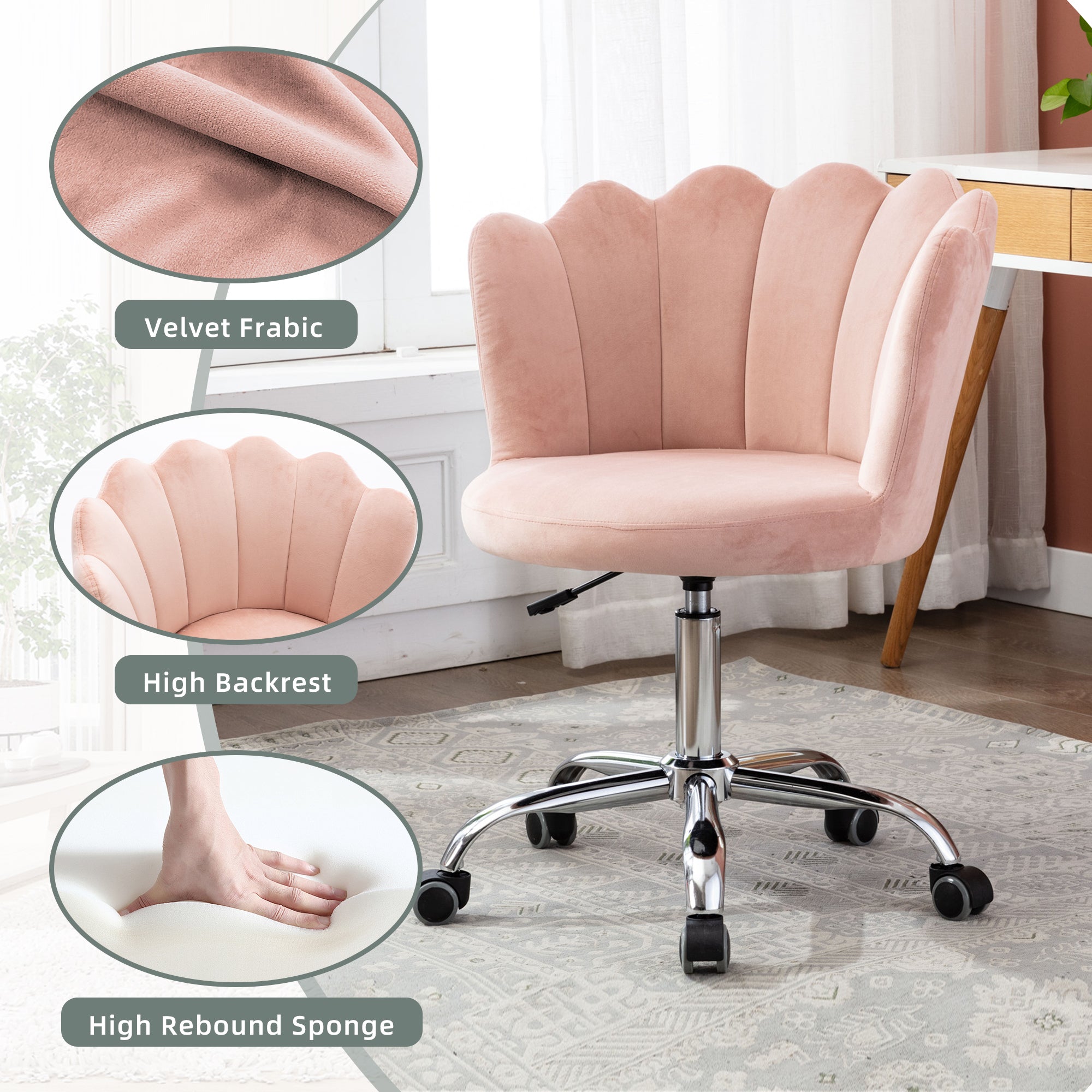 COOLMORE Velvet Home Office Chair with silver Base, Modern Cute Shell Back Upholstered Desk Chair for Vanity, Adjustable Swivel Task Chair for Office (Pink Velvet)