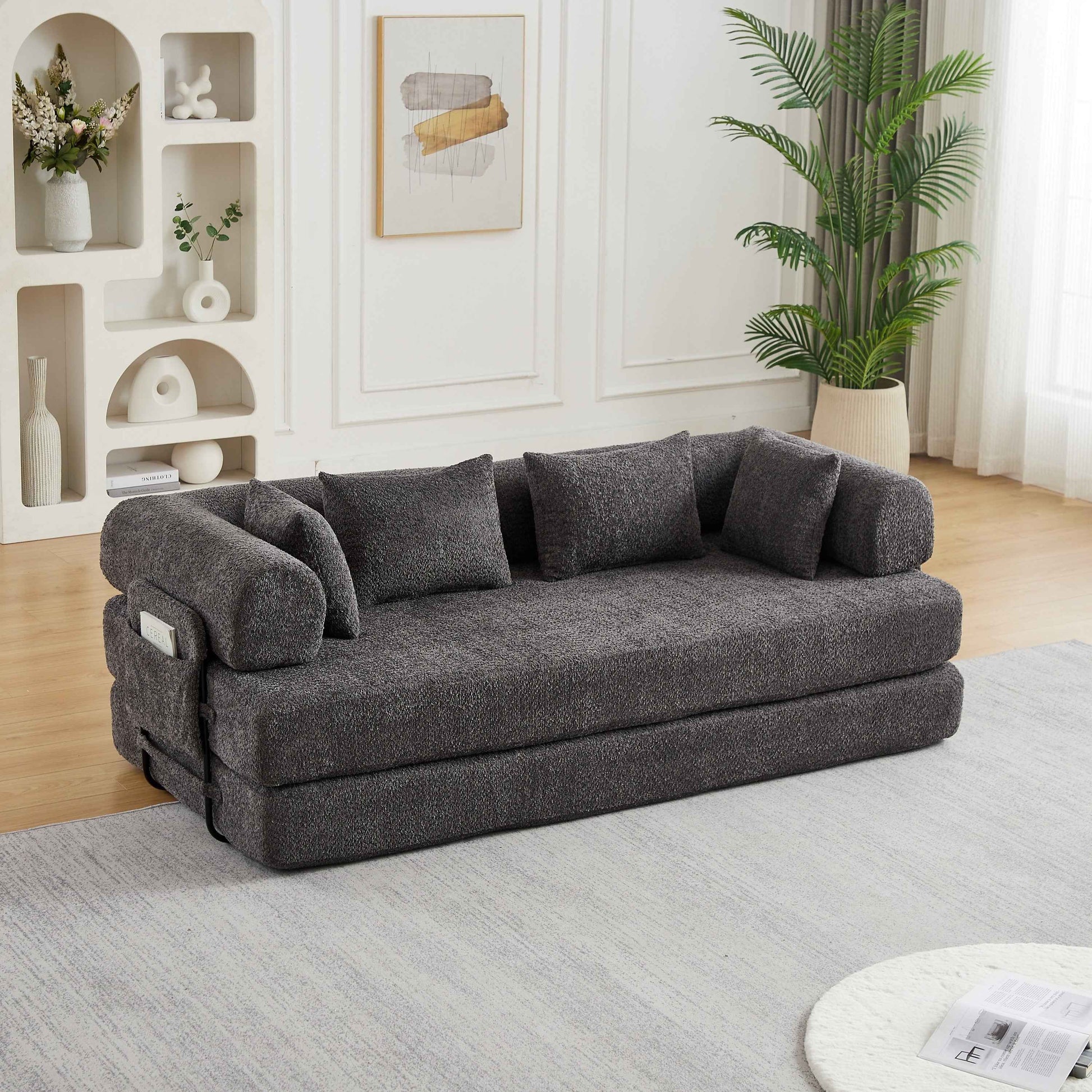 Grey Chenille Convertible Sleeper Sofa Bed with Cylindrical Pillow, Folding Mattress Couch with Side Pocket for Living Room Bedroom Lounge Studio